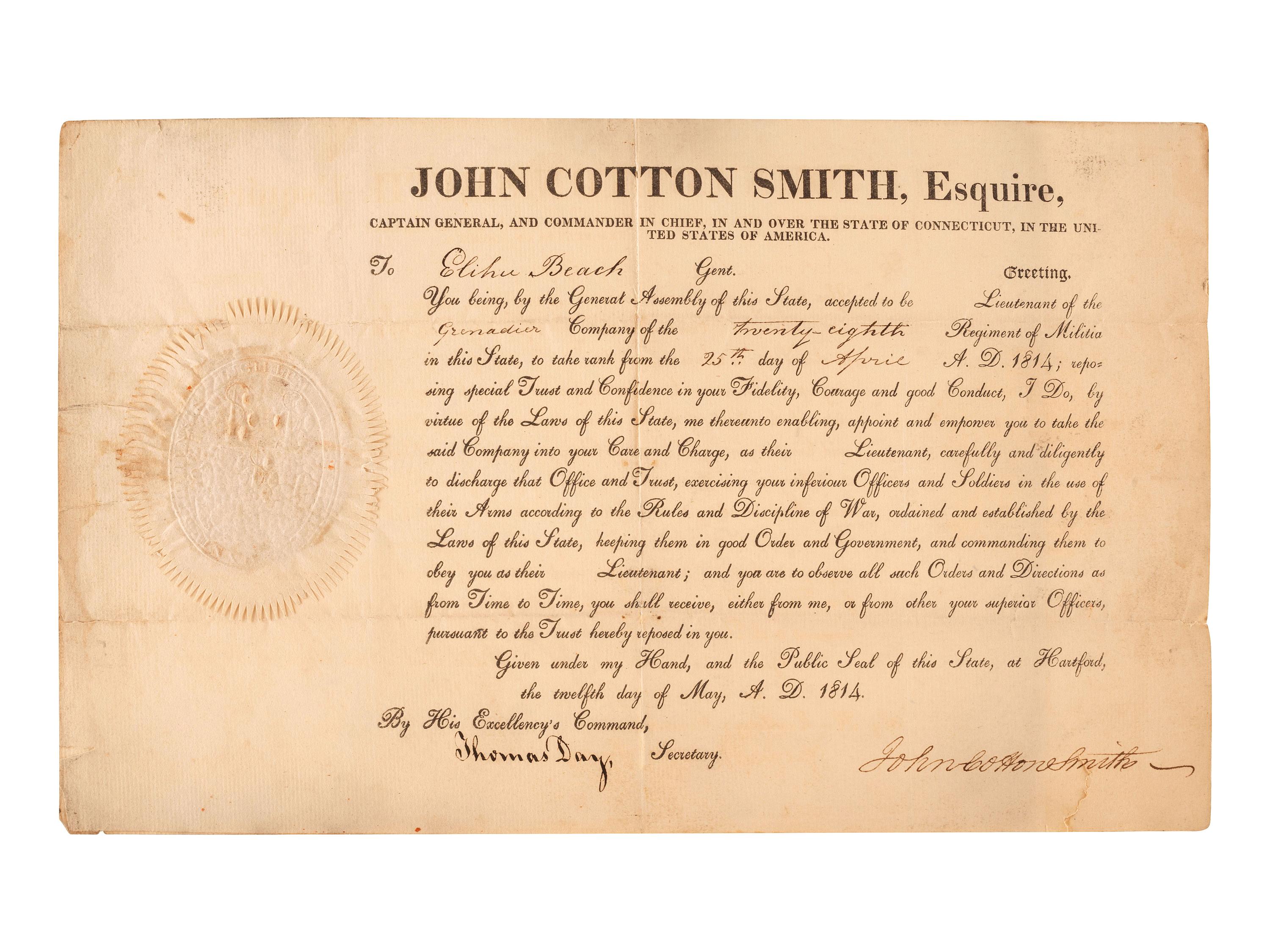 [MILITIA]. A group of documents related to nineteenth-century state militias, including broadsides and a War of 1812 appointment signed by Connecticut Governor John Cotton Smith.