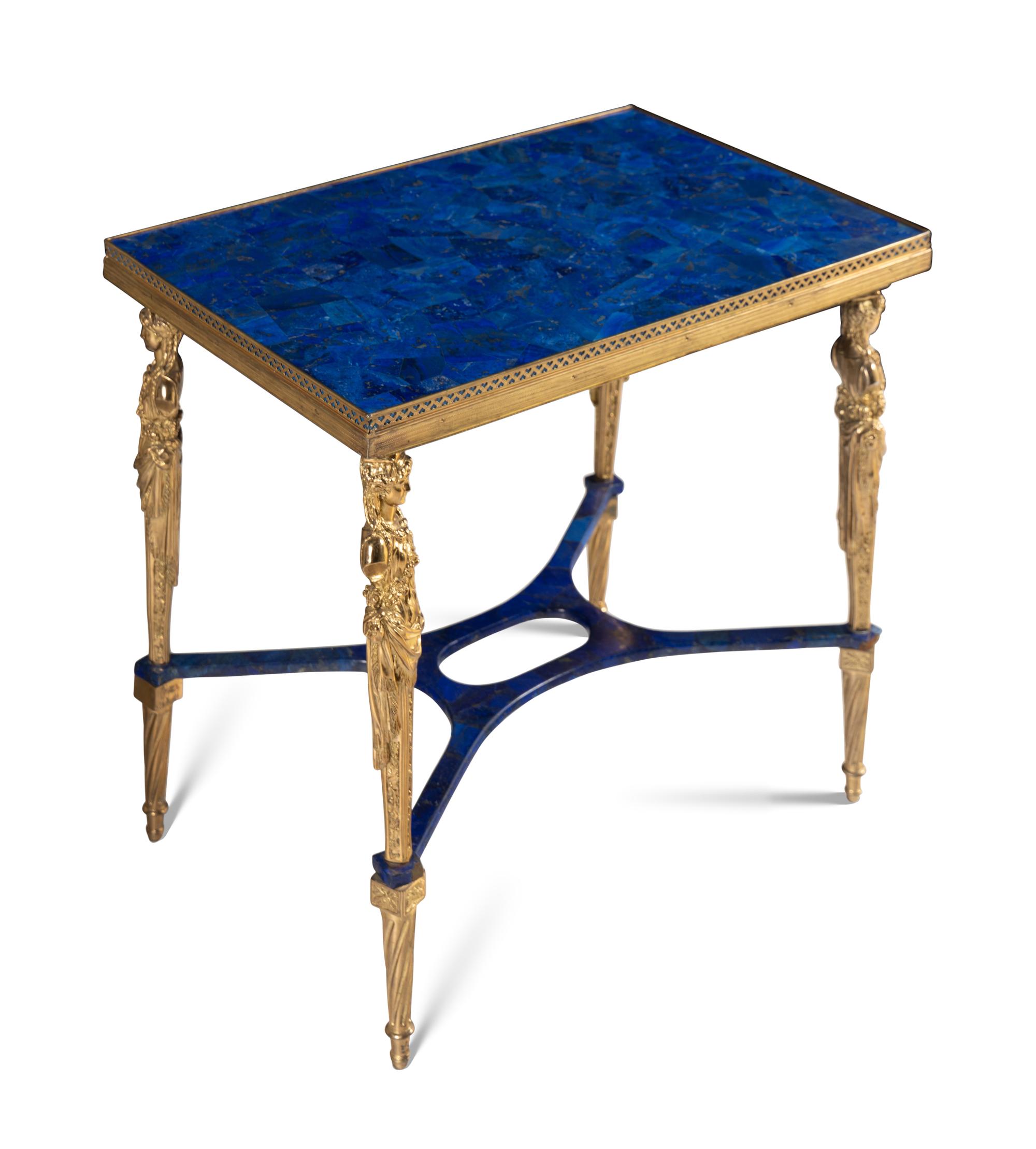 A Pair of Louis XVI Style Lapis Lazuli and Gilt Bronze Occasional Tables