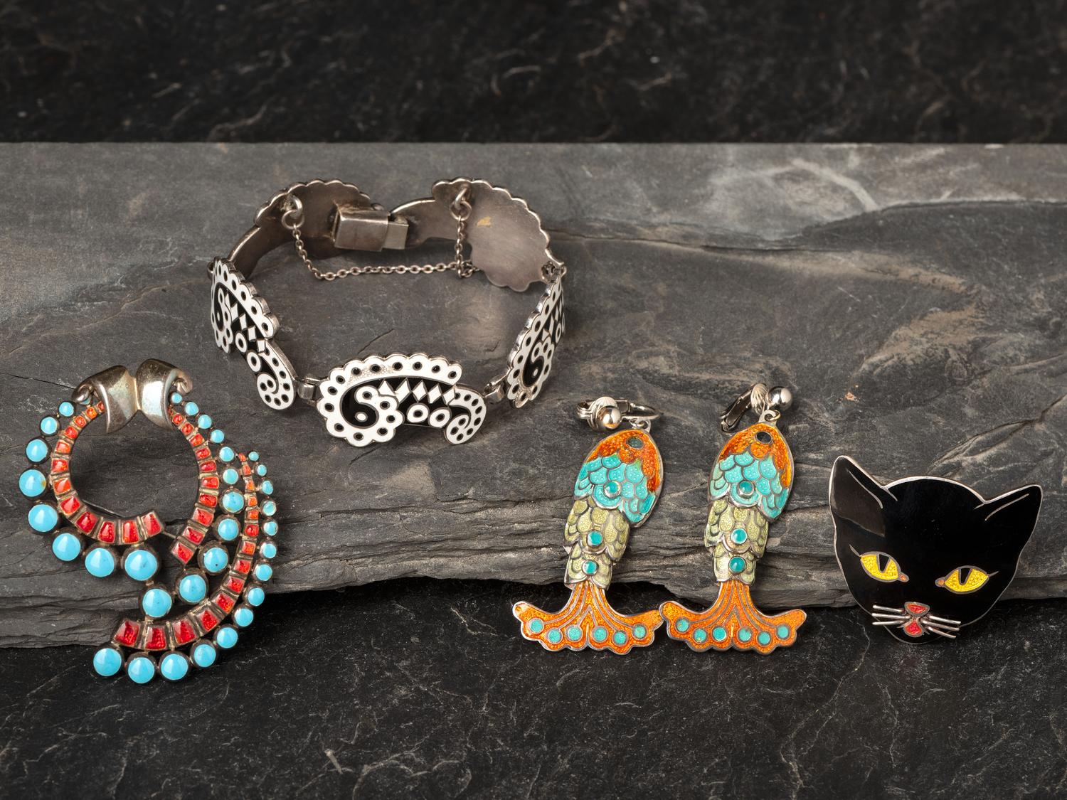 Colorful Taxco Sterling Silver and Enamel Jewelry