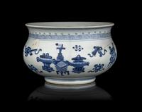 A Chinese Blue and White 'Bogu' Porcelain Censer