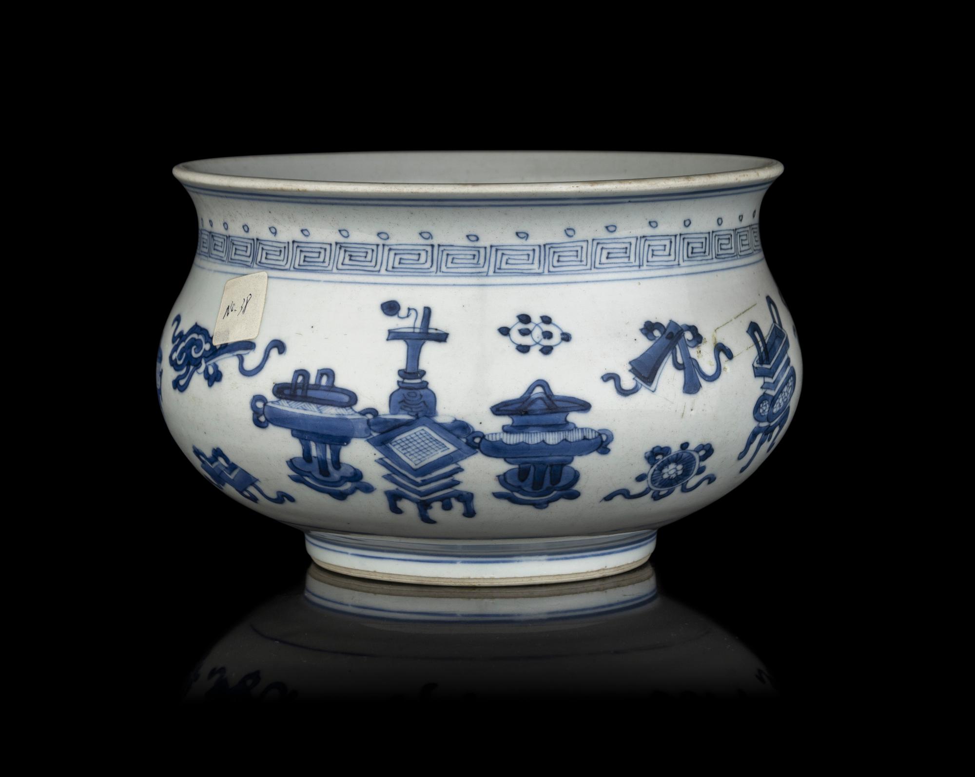 A Chinese Blue and White 'Bogu' Porcelain Censer