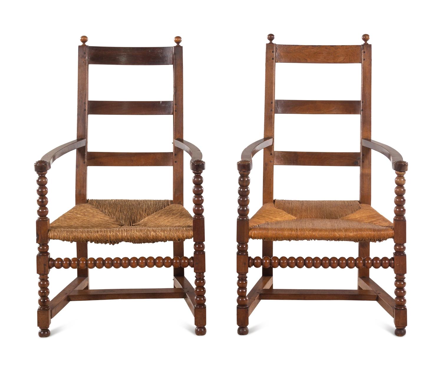 A Pair of Turned Walnut Rush-Seat Armchairs