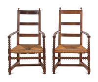 A Pair of Turned Walnut Rush-Seat Armchairs