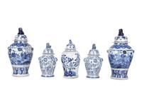 Five Blue and White Ceramic Covered Jars