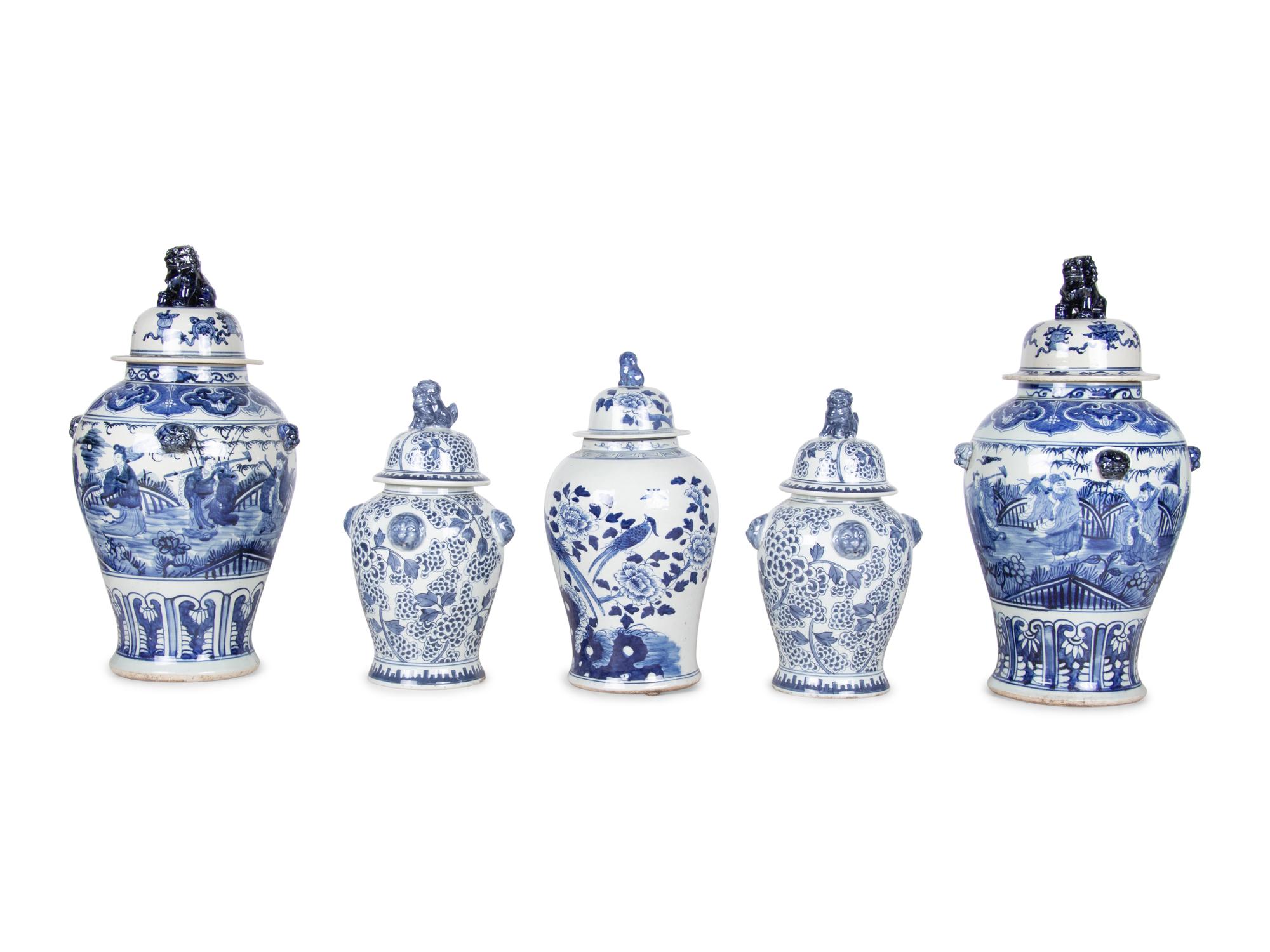 Five Blue and White Ceramic Covered Jars