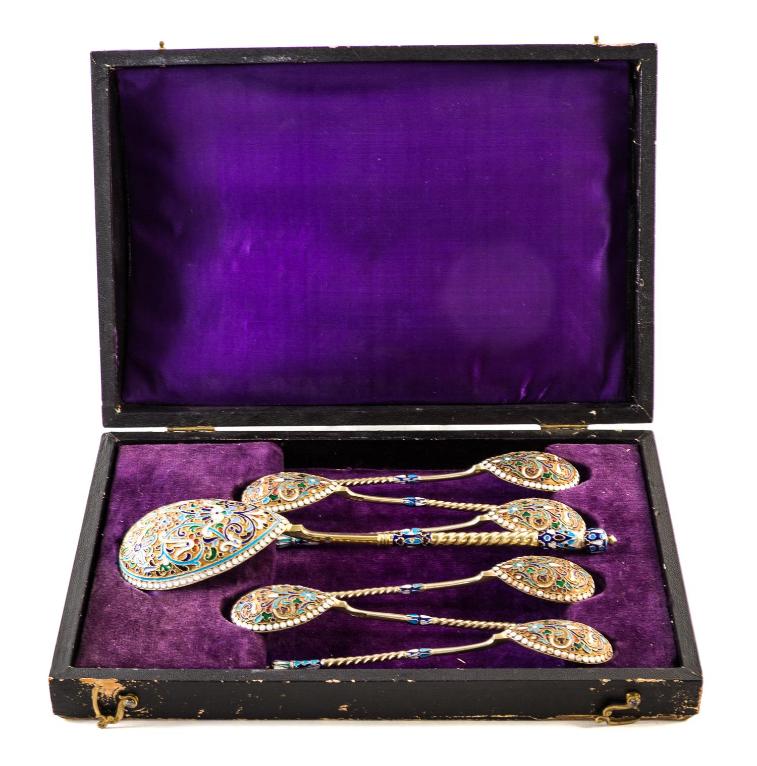 A Set of Russian Silver-Gilt and Enamel Spoons, Mark of Nikanov Zolotov, kokoshnik mark of Ivan Lebedkin, Moscow, late 19th/early 20th