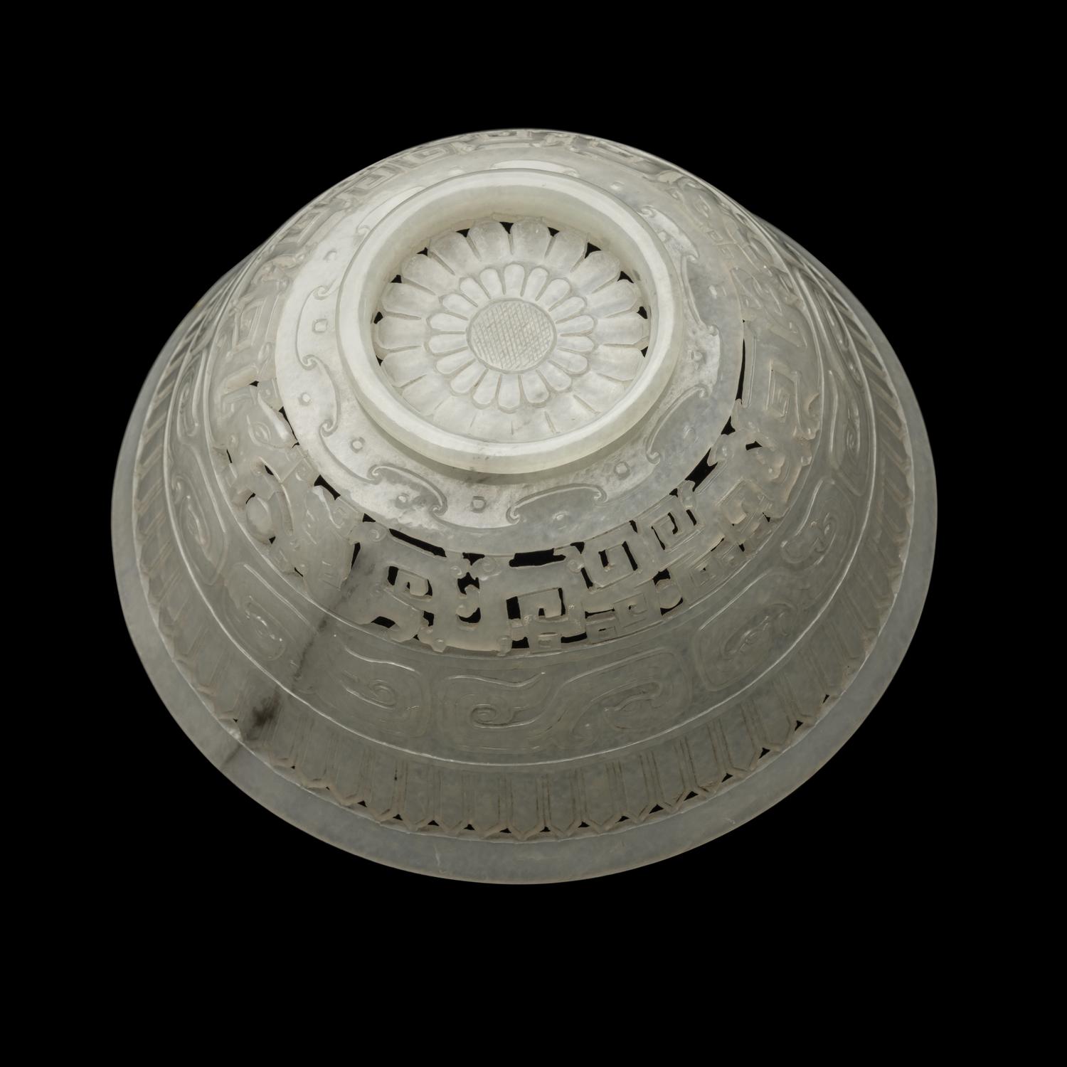 A Chinese Carved and Pierced 'Archaistic' White Jade Bowl and Cover