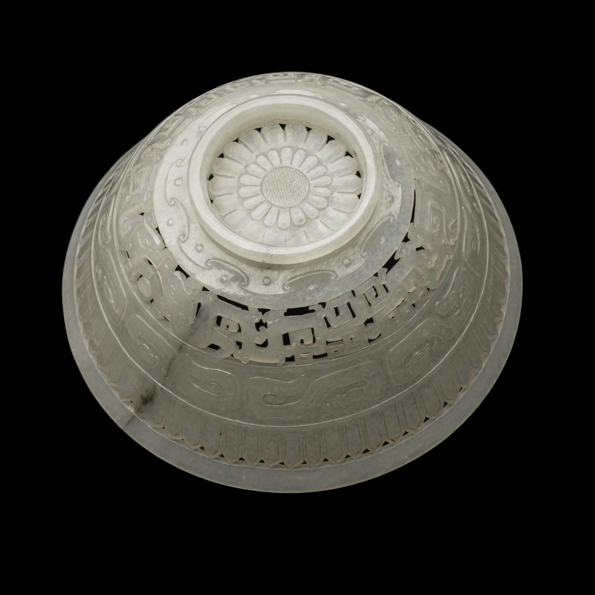 A Chinese Carved and Pierced 'Archaistic' White Jade Bowl and Cover