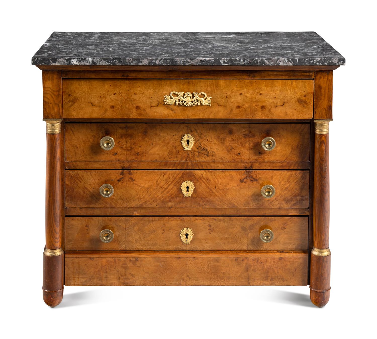 An Empire Revival Gilt Bronze Mounted Burl Walnut Marble-Top Commode