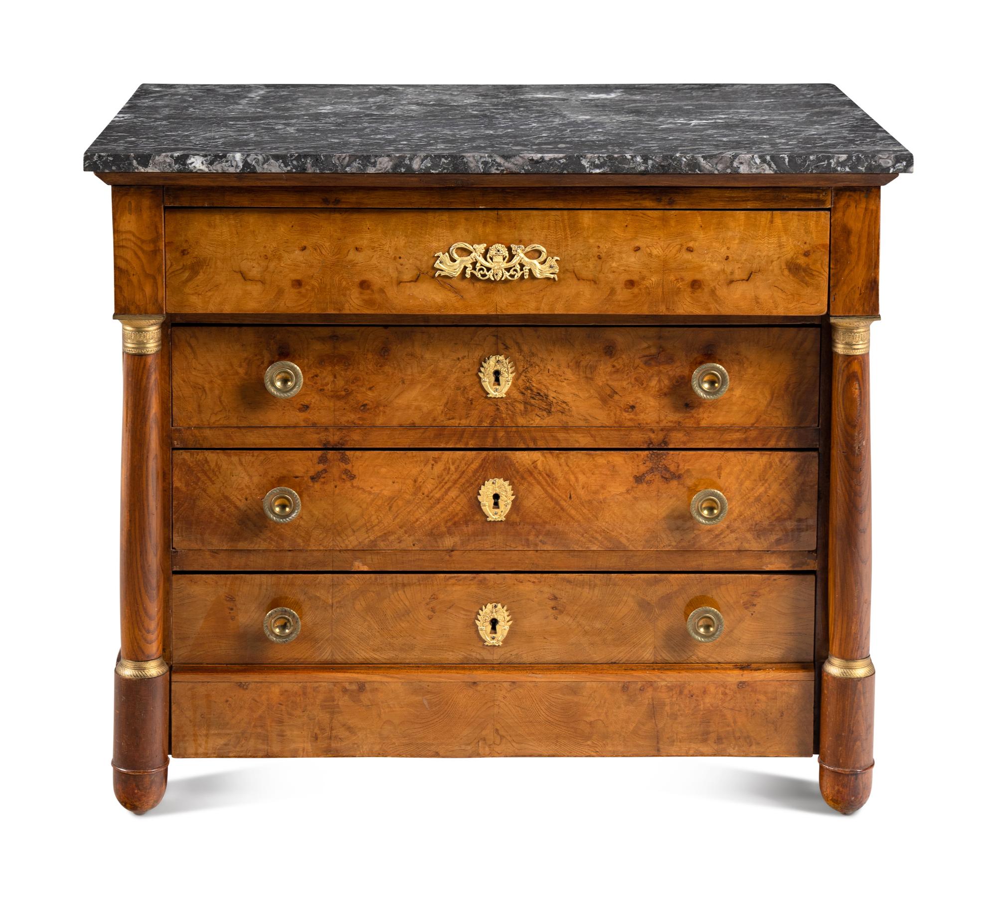 An Empire Revival Gilt Bronze Mounted Burl Walnut Marble-Top Commode