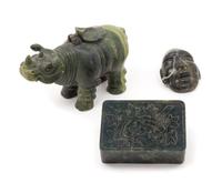Three Chinese Spinach Jade Articles Length of larger 8 inches.