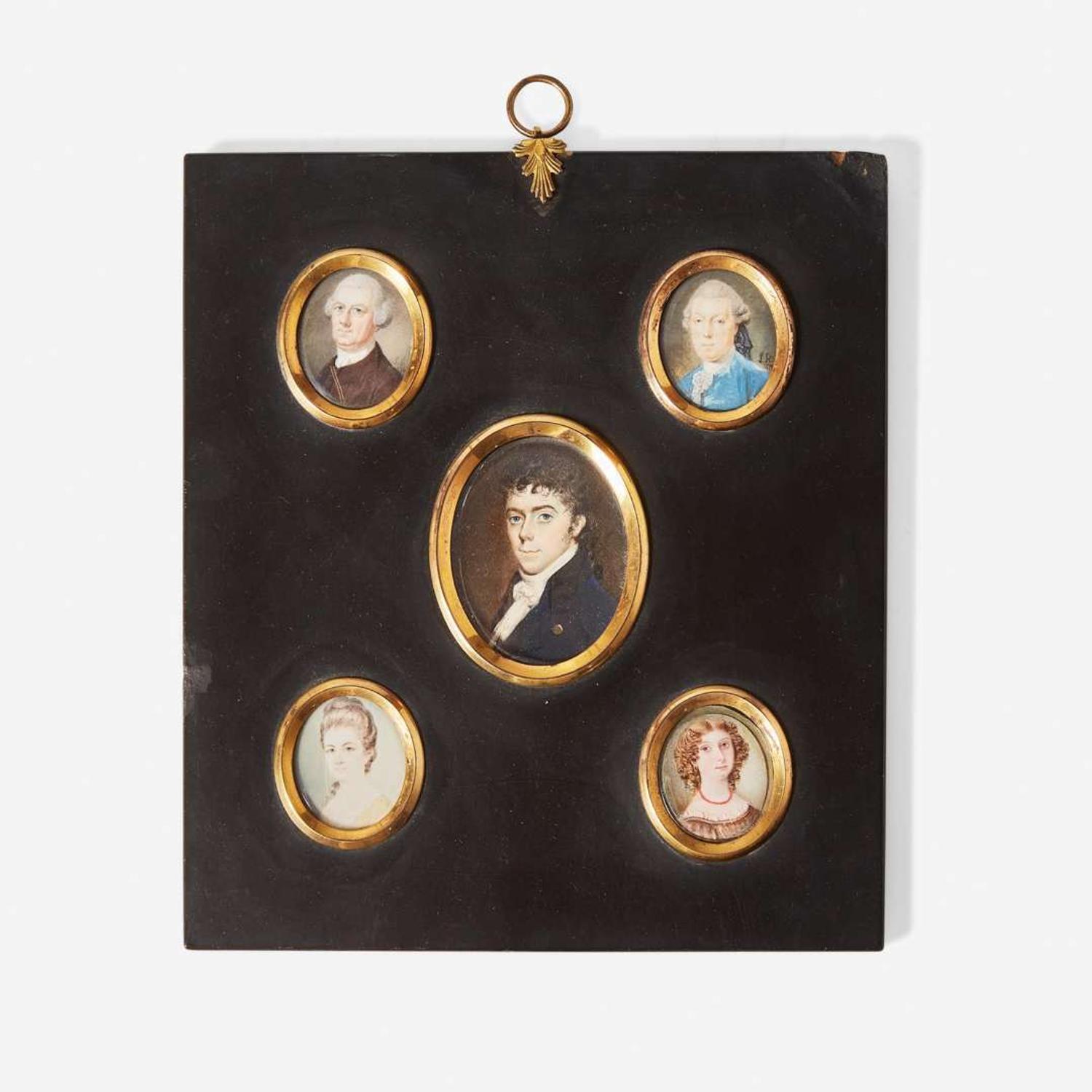 English School 18th / 19th century Five Portrait Miniatures of Ladies and Gentlemen in Group Frame, late 18th / early 19th century
