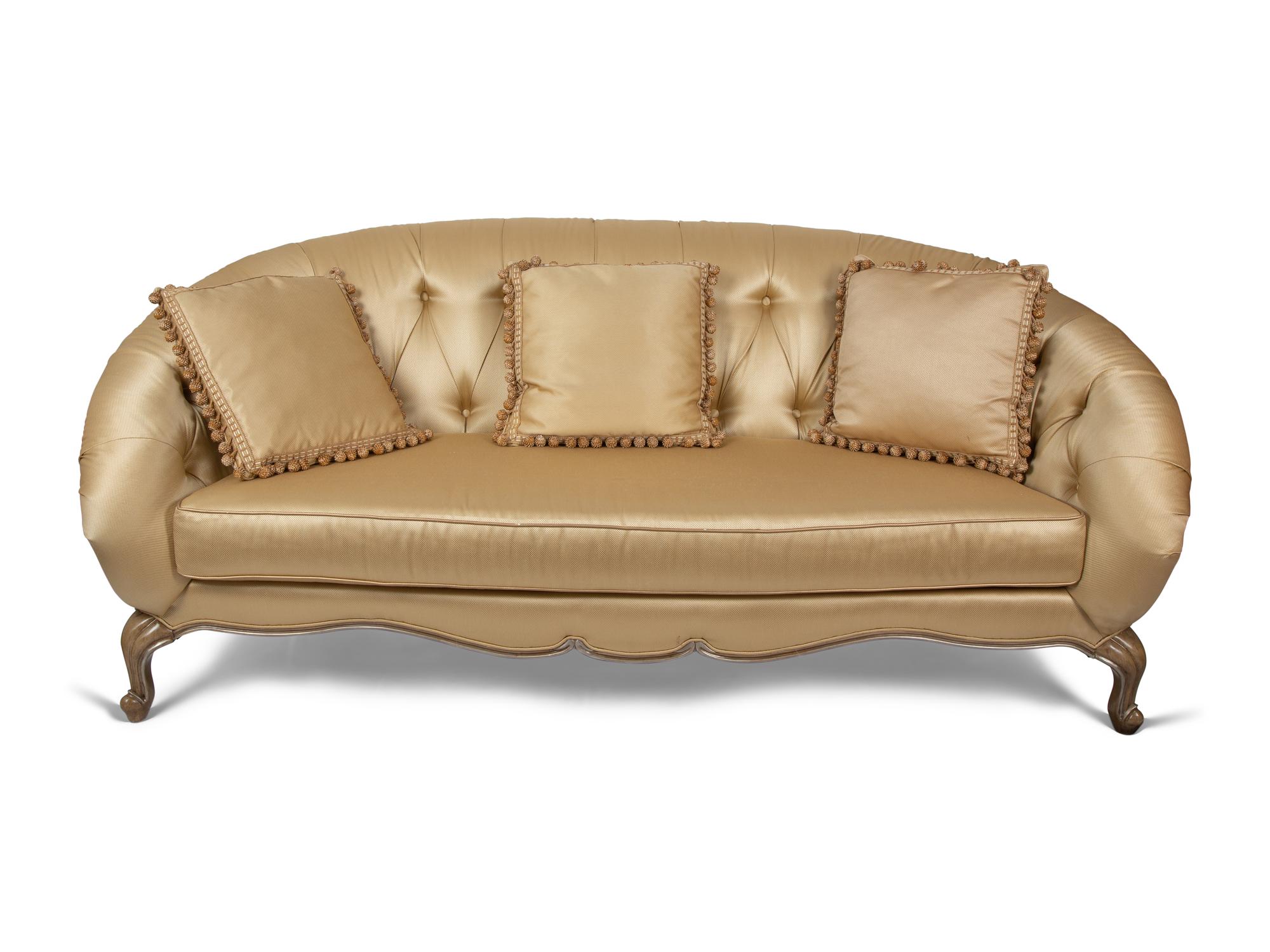 A Contemporary French Provincial Style Gold Silk and Cotton Upholstered Couch — 20TH CENTURY