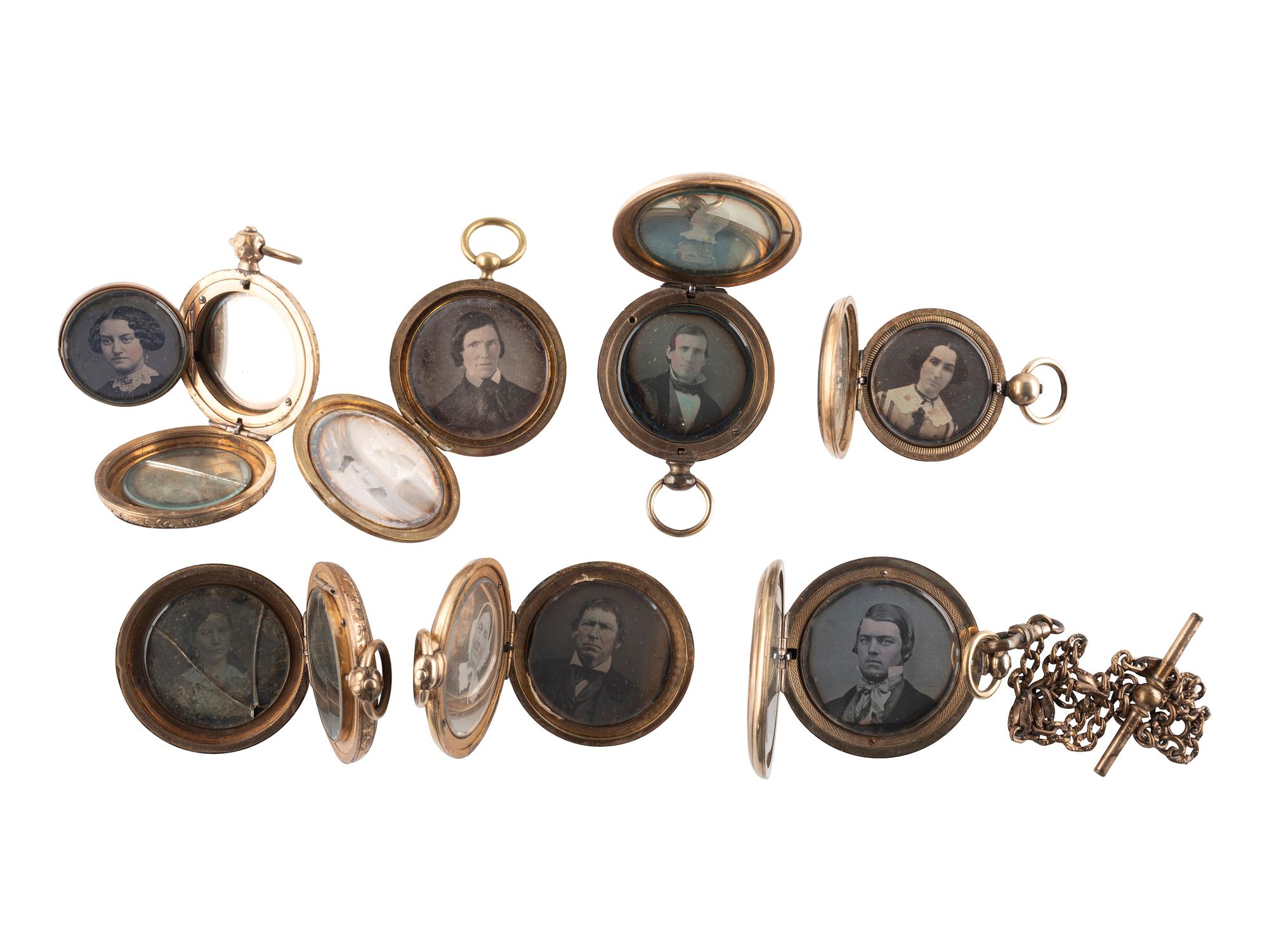 [EARLY PHOTOGRAPHY]. A group of 7 lockets containing 15 daguerreotype portraits.