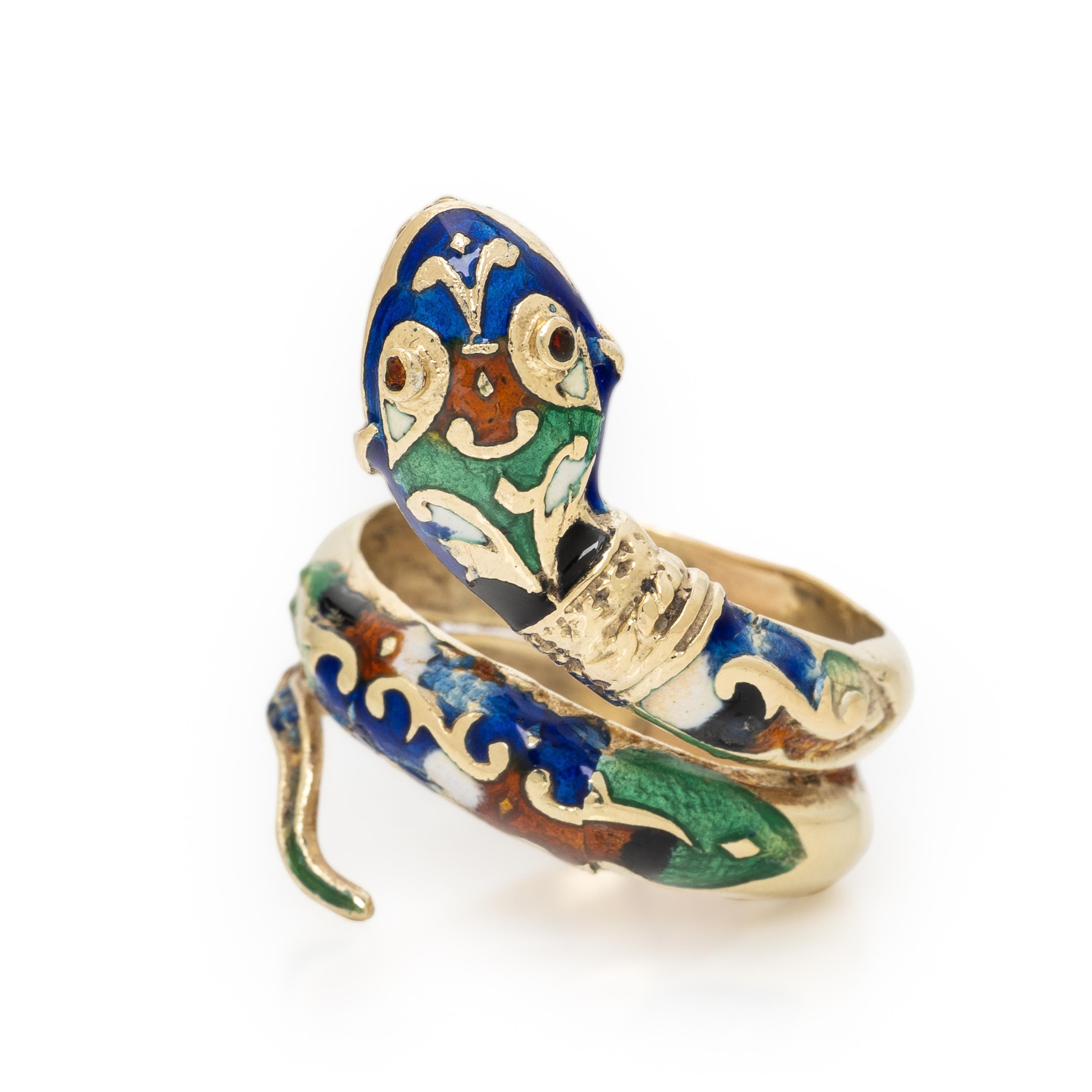 Polychrome Enamel and Yellow Gold Snake Ring