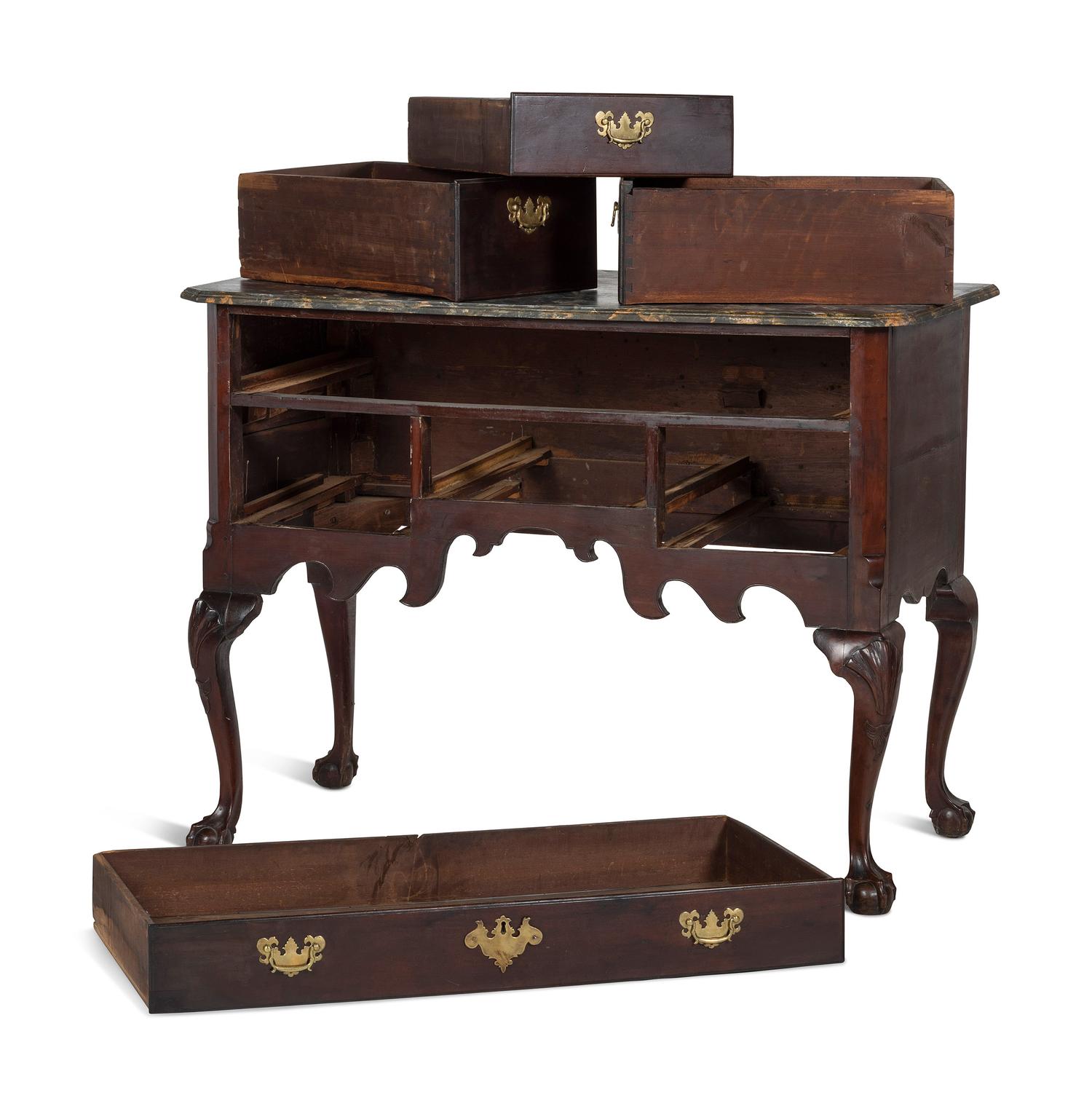 An Oversized Queen Anne Stained Shell-Carved Cherrywood Faux-Marble Top Dressing Table