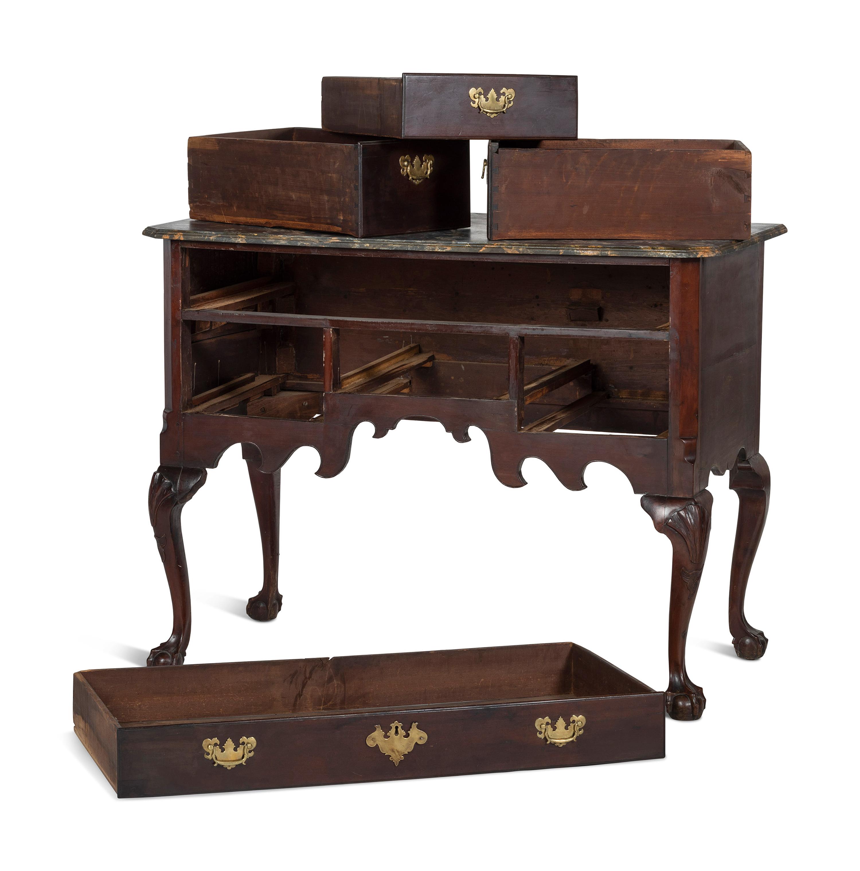 An Oversized Queen Anne Stained Shell-Carved Cherrywood Faux-Marble Top Dressing Table