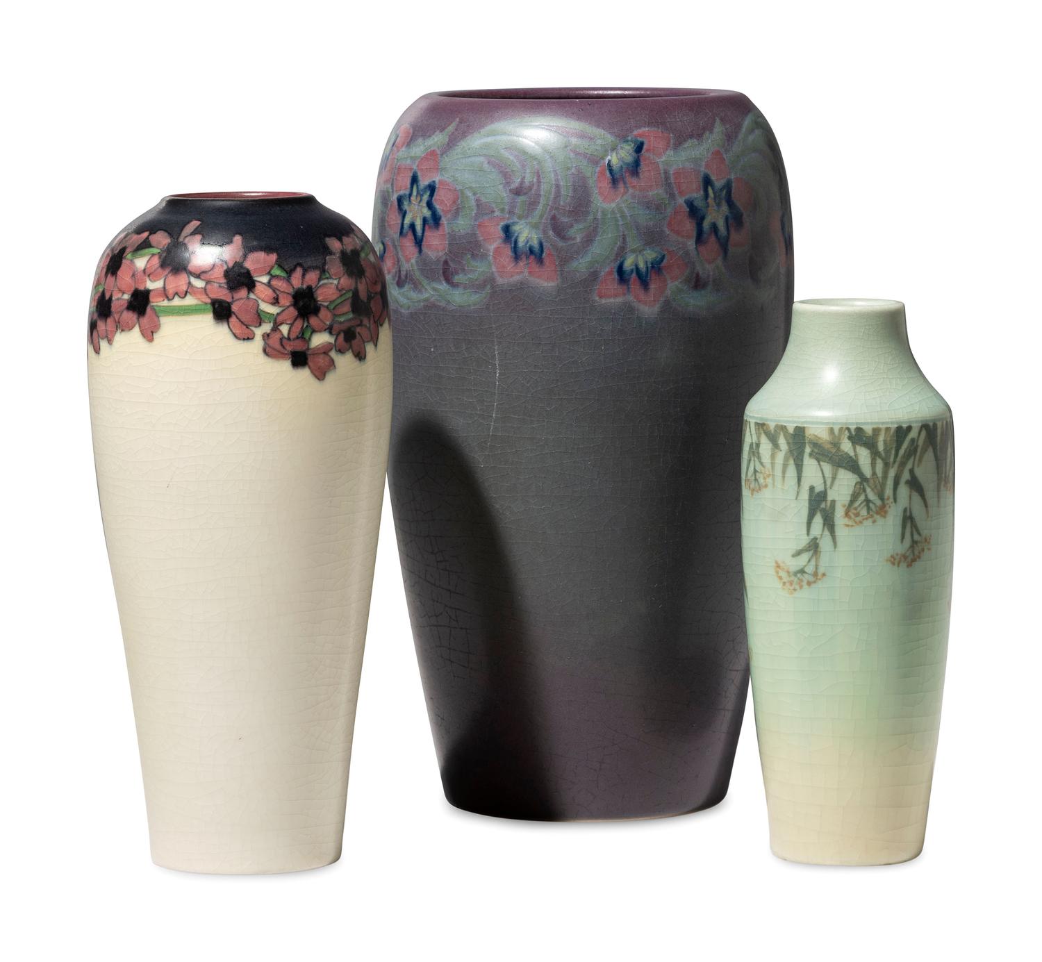 Three Artist Decorated Rookwood Pottery Floral Vellum Vases