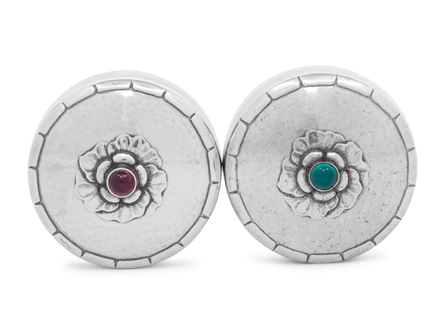 A Pair of Georg Jensen Silver and Hardstone Cabochon-Inset Pill Boxes