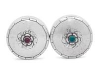 A Pair of Georg Jensen Silver and Hardstone Cabochon-Inset Pill Boxes