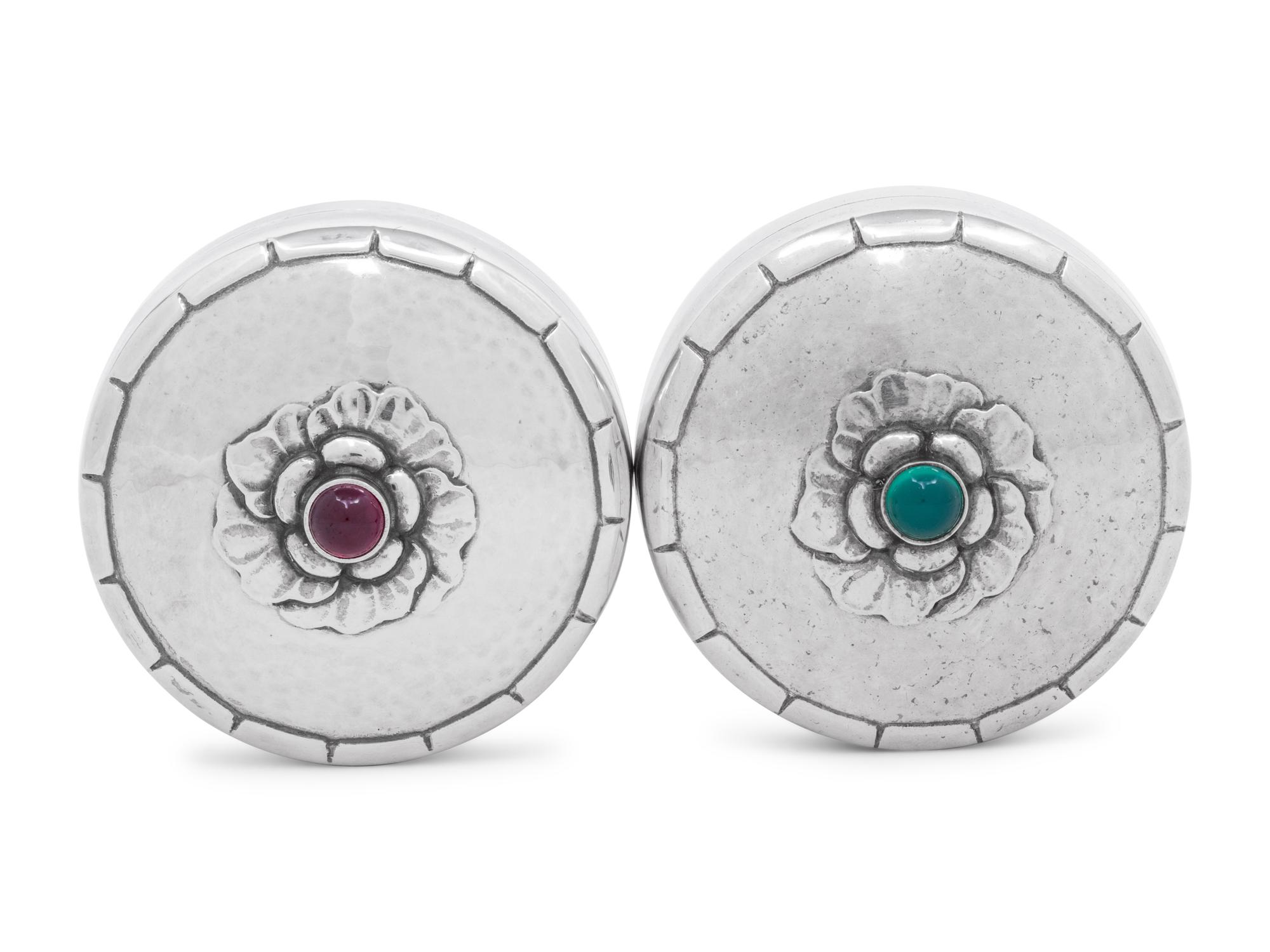 A Pair of Georg Jensen Silver and Hardstone Cabochon-Inset Pill Boxes