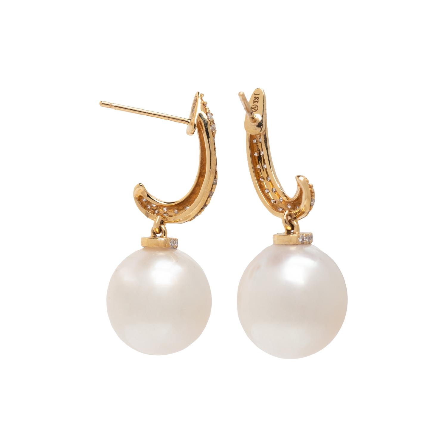 SOUTH SEA CULTURED PEARL, DIAMOND, AND YELLOW GOLD EARRINGS