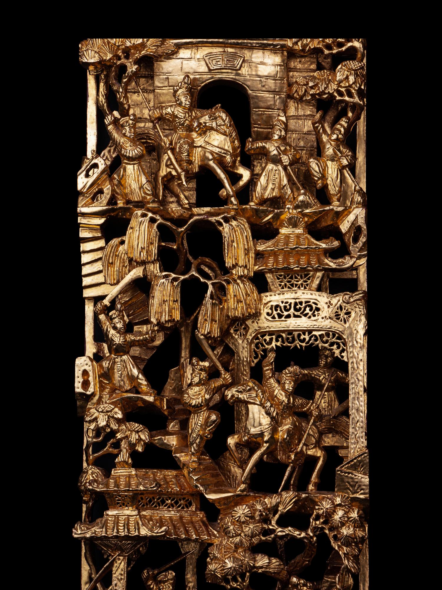 Two Chinese Gilt and Red Lacquered Wood Panels