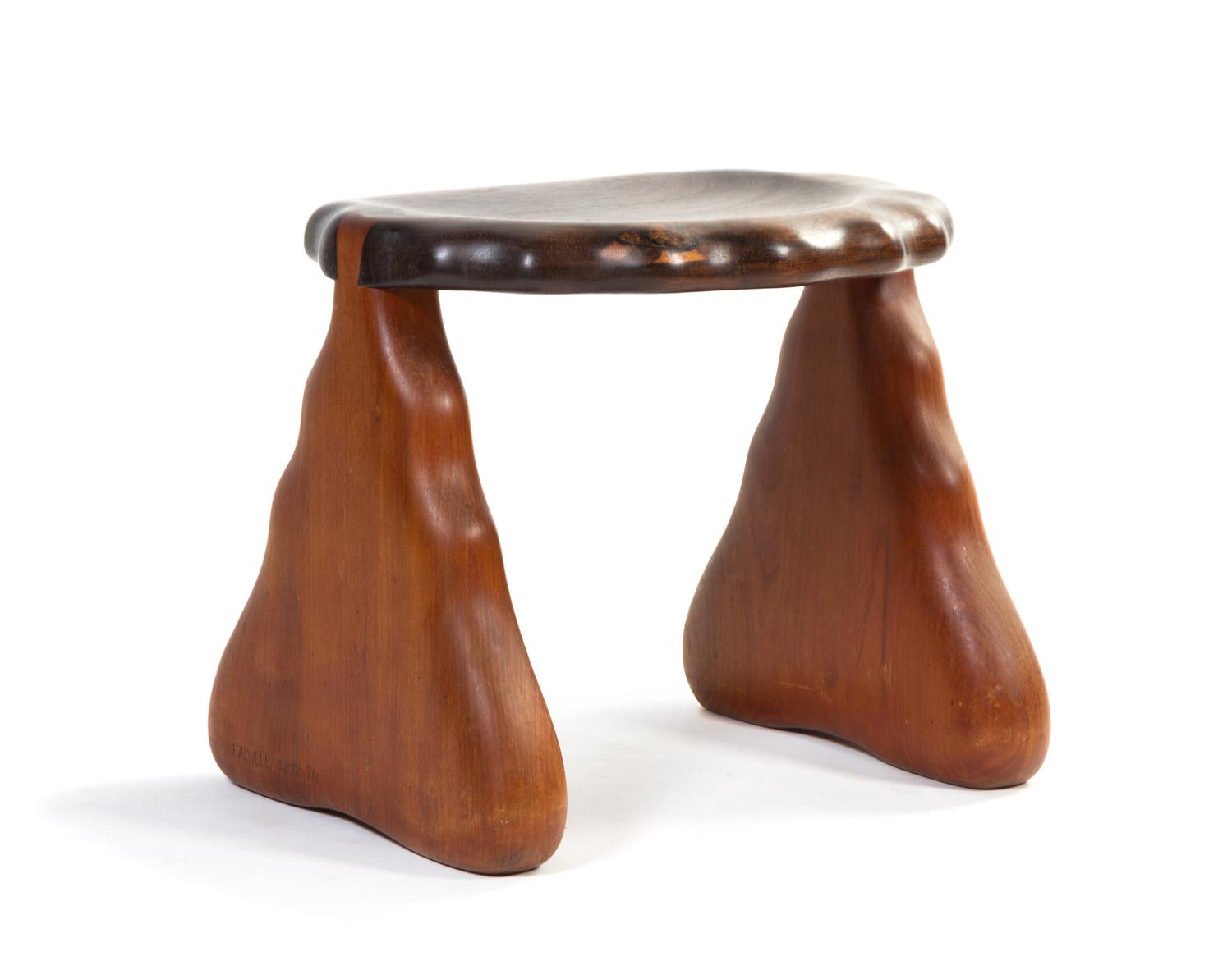 A Carved Teak Bench, Bobby Falwell Height 17 1/2 x width 19 3/4 x depth 17 inches.