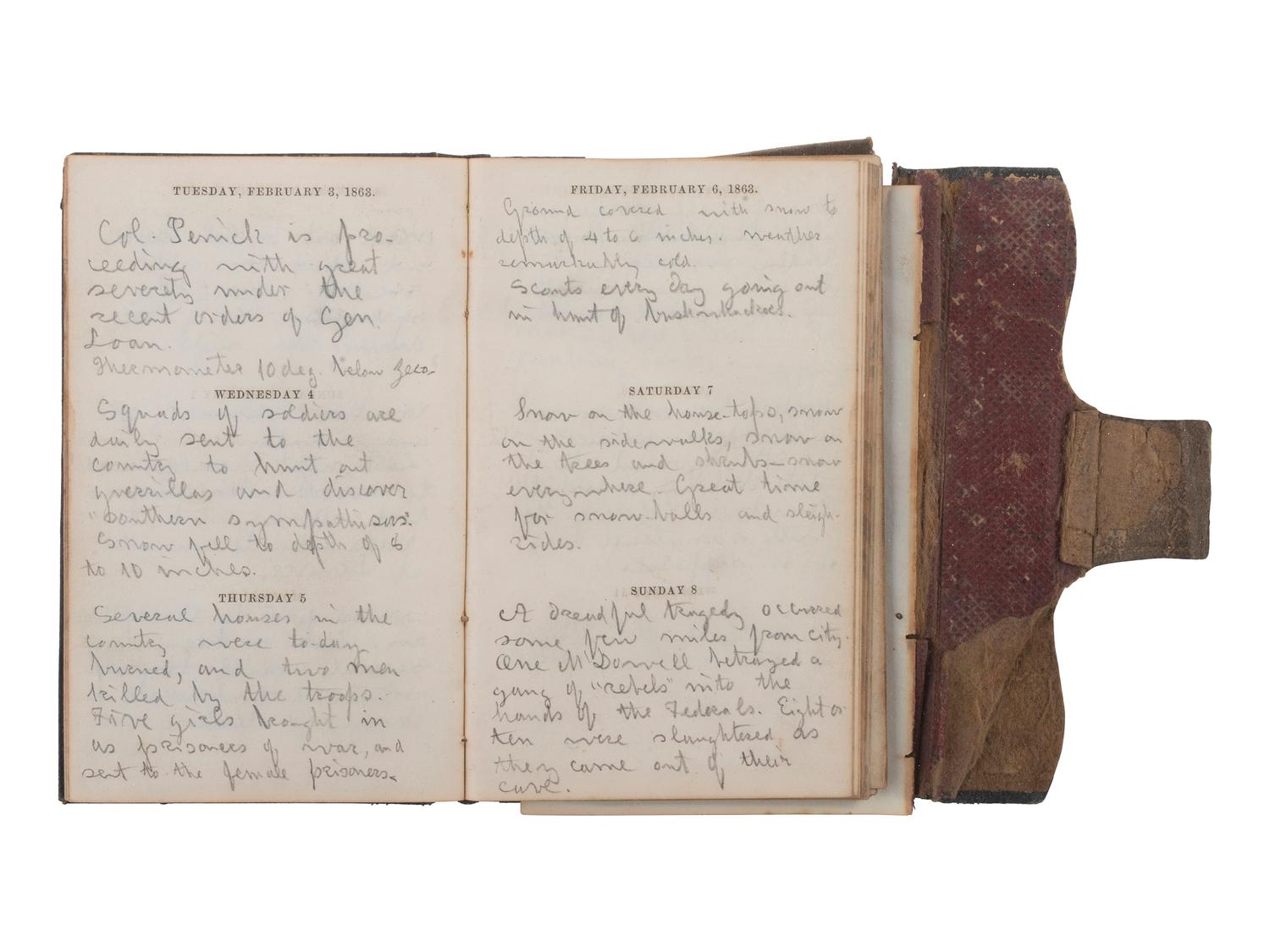 [CIVIL WAR] -- [QUANTRILL'S RAIDERS]. Diary of H.M. McCarty, editor of the Border Star at Westport, Missouri, with entries referencing 1863 clashes between Union soldiers and southern sympathizers, guerilla activity, and Quantrill's Raiders.