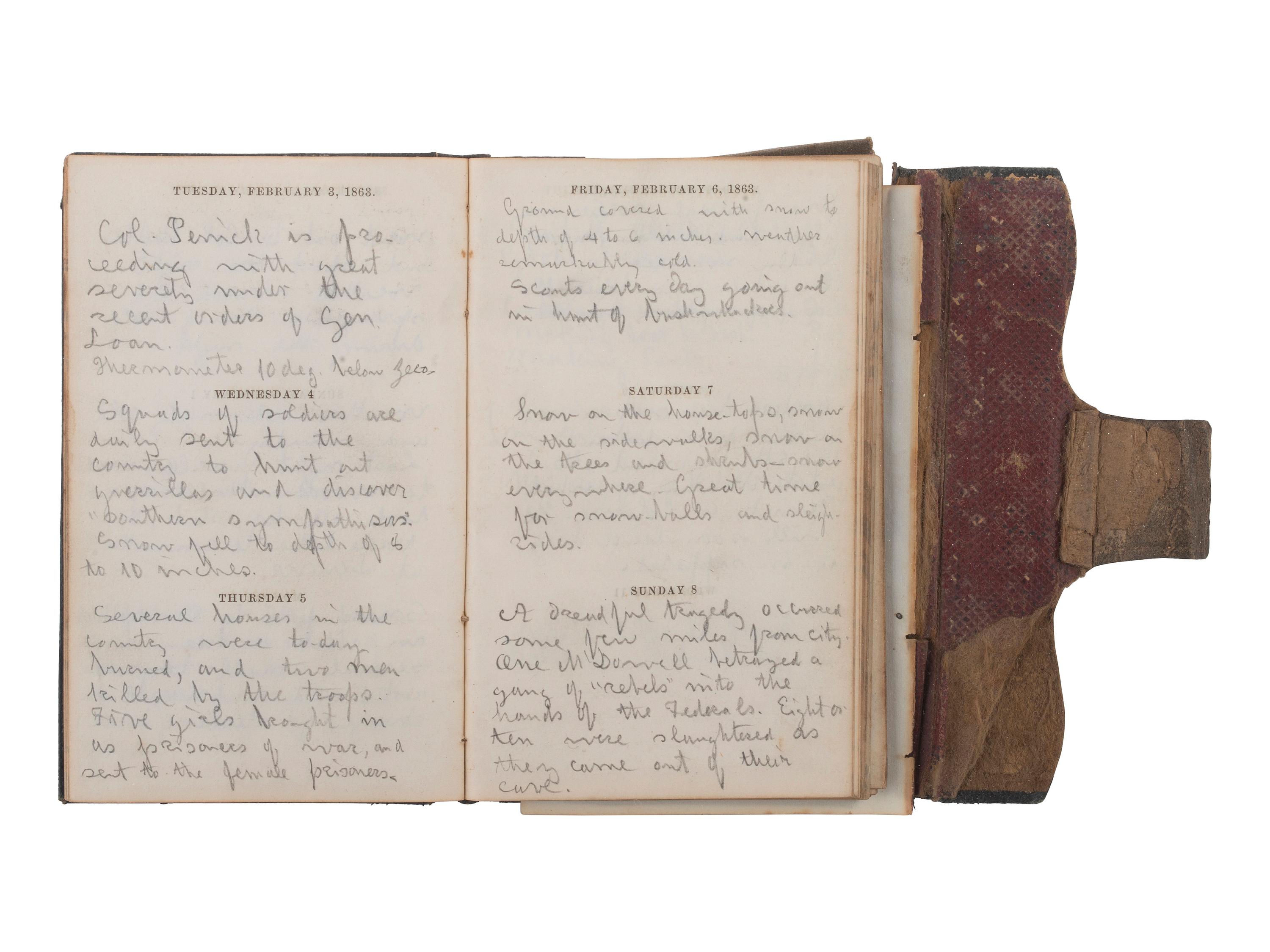 [CIVIL WAR] -- [QUANTRILL'S RAIDERS]. Diary of H.M. McCarty, editor of the Border Star at Westport, Missouri, with entries referencing 1863 clashes between Union soldiers and southern sympathizers, guerilla activity, and Quantrill's Raiders.