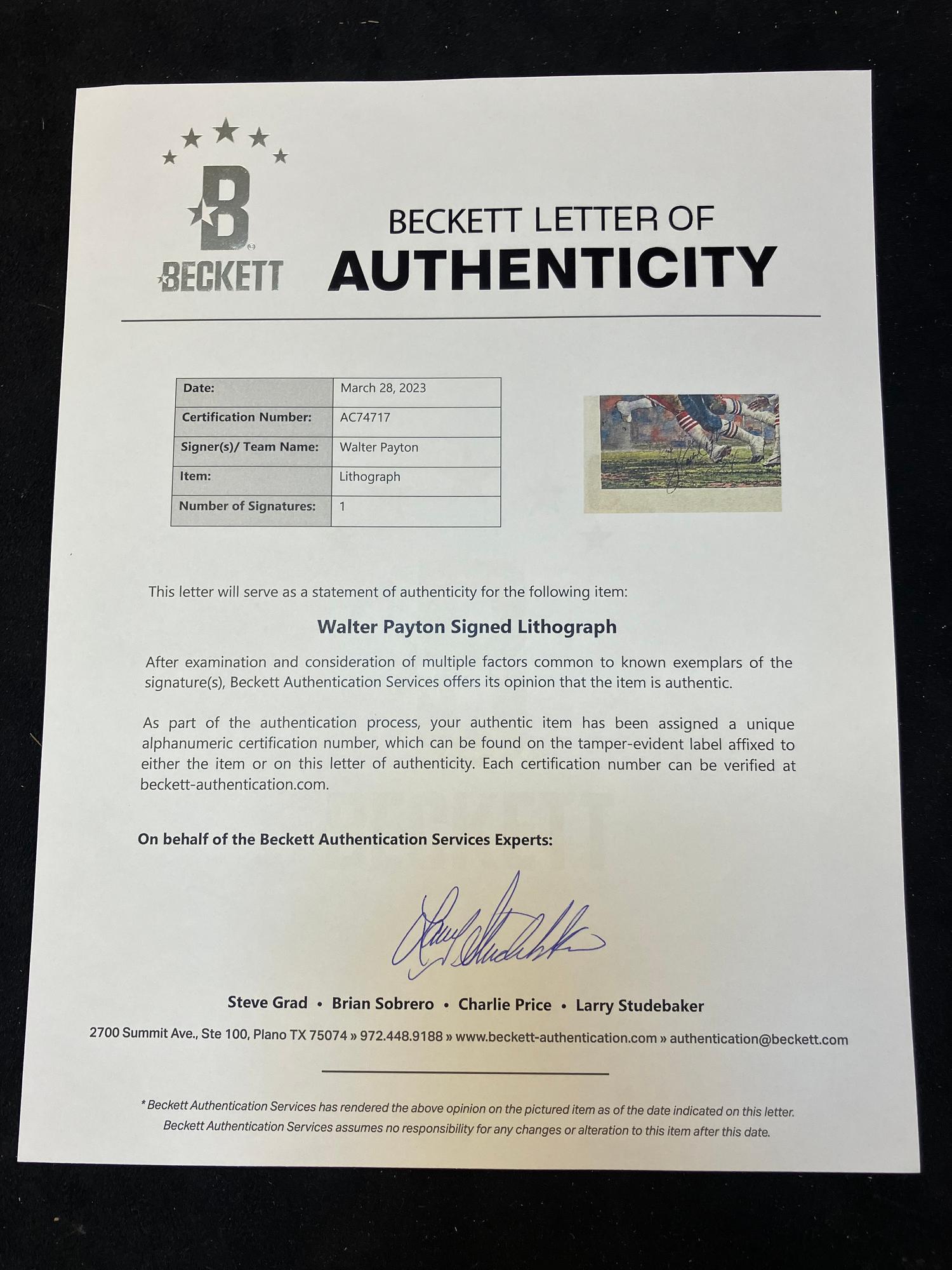 A Walter Payton Signed Autograph Merv Corning Print (Beckett Authentication Services Letter),