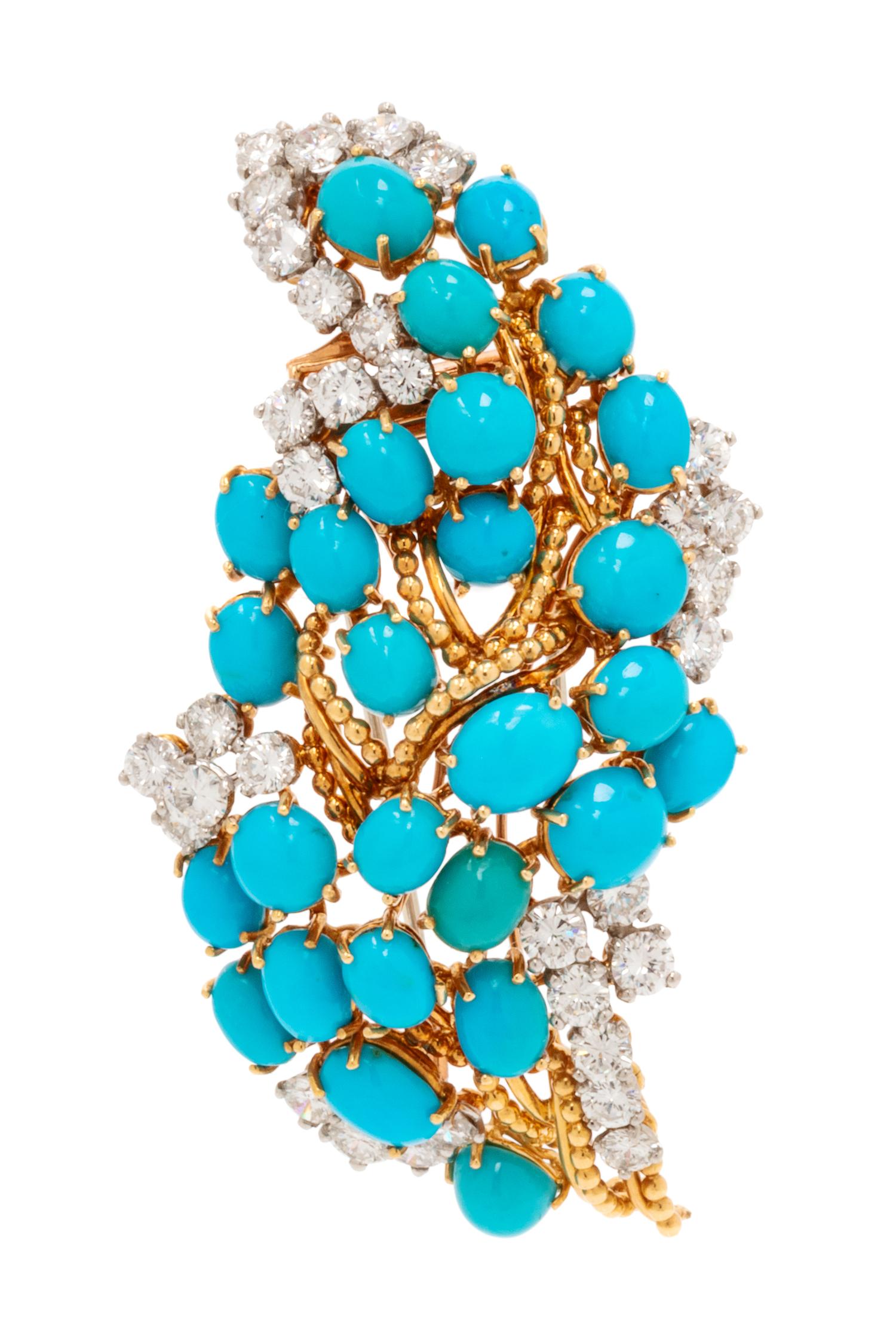 An 18 Karat Yellow Gold, Platinum, Turquoise and Diamond Brooch, Cartier, Inc., 19.60 dwts.