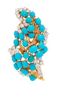 An 18 Karat Yellow Gold, Platinum, Turquoise and Diamond Brooch, Cartier, Inc., 19.60 dwts.