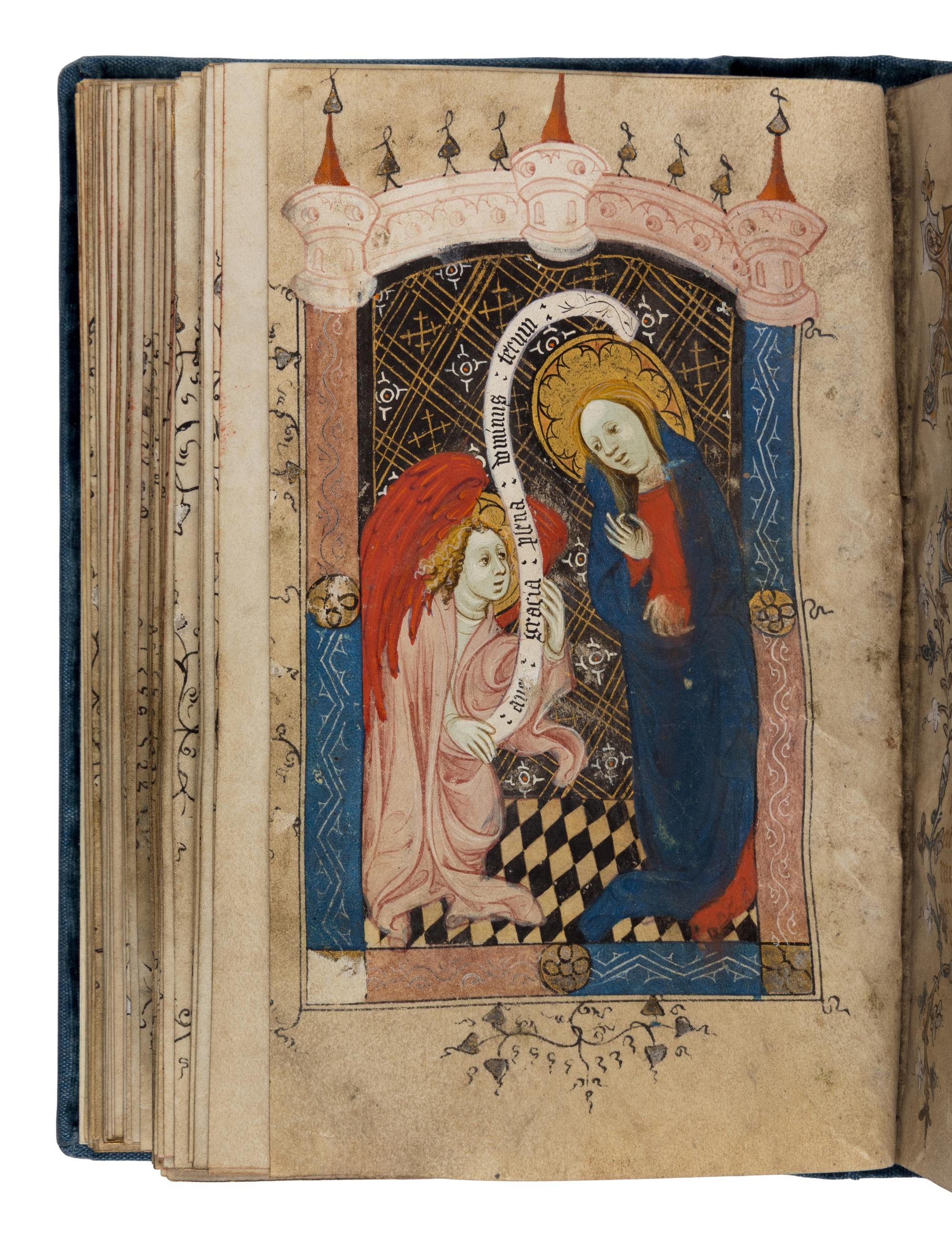 PINK CANOPIES GROUP (Bruges, active c. 1390-1400) with ENGLISH ILLUMINATOR Book of Hours, in Latin, illuminated manuscript on parchment [Southern Netherlands, Bruges ?, c. 1390–1400 and England c. 1400]