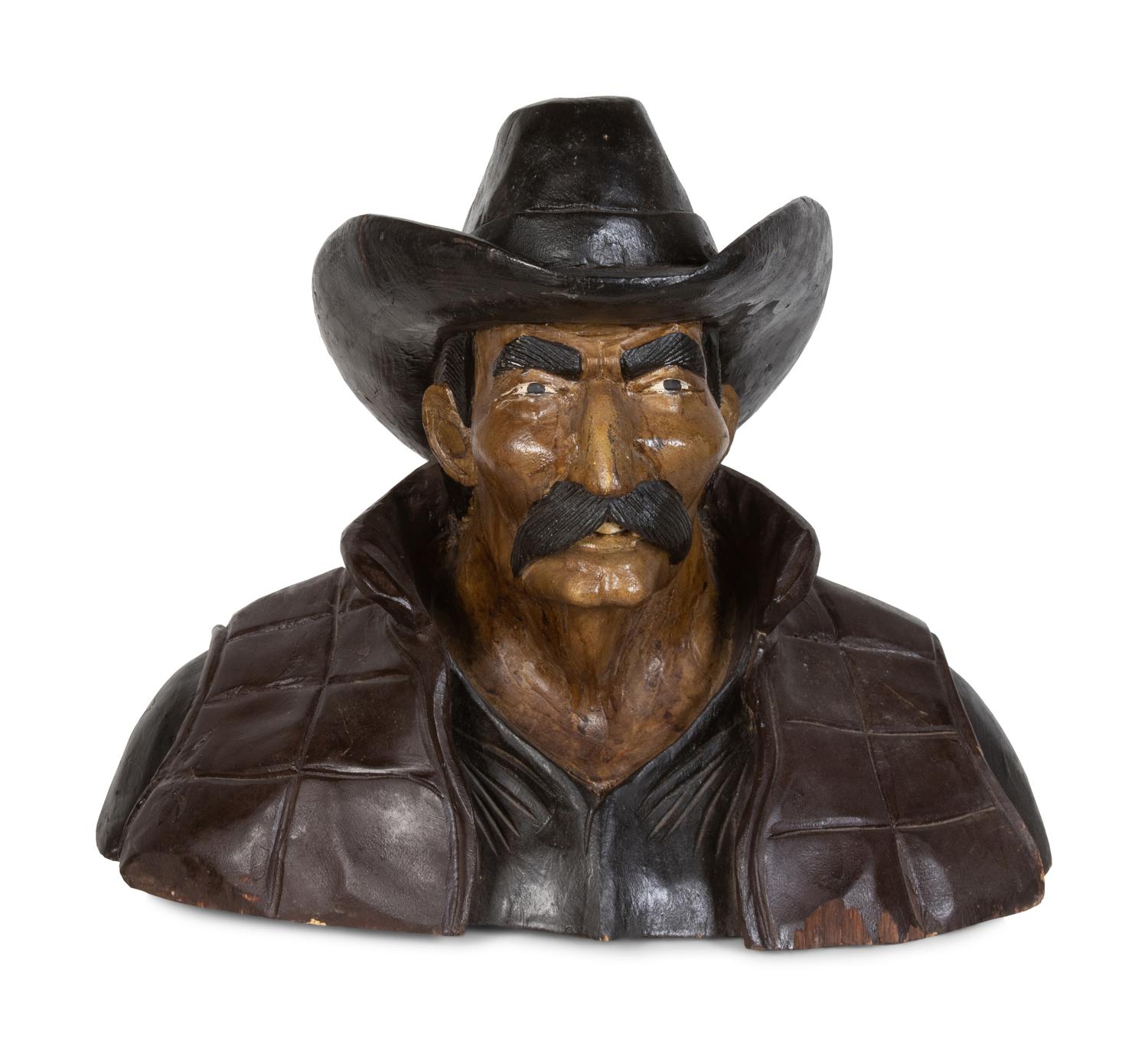 Carved Wood and Painted Mustached Cowboy