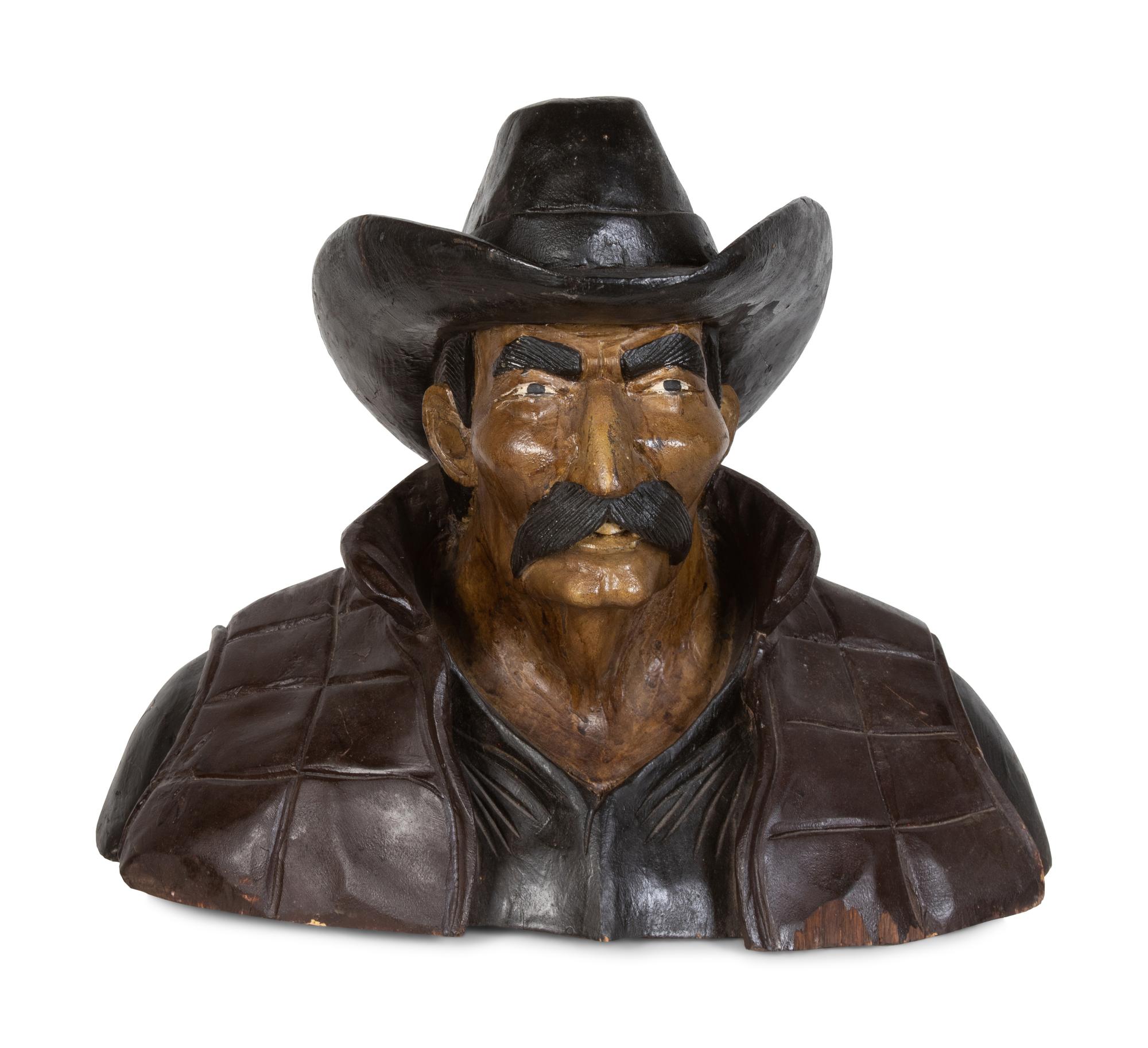 Carved Wood and Painted Mustached Cowboy