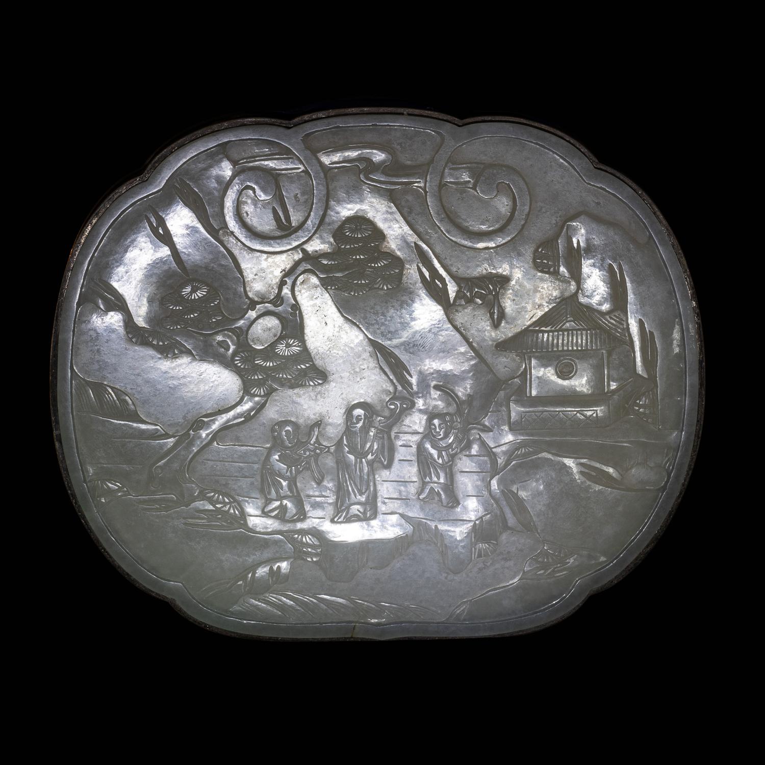 A White Jade Mounted Lacquered Silvered Metal Box and Cover