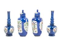 A Chinese Export Powder Blue Ground Famille Verte Porcelain Four-Piece Garniture