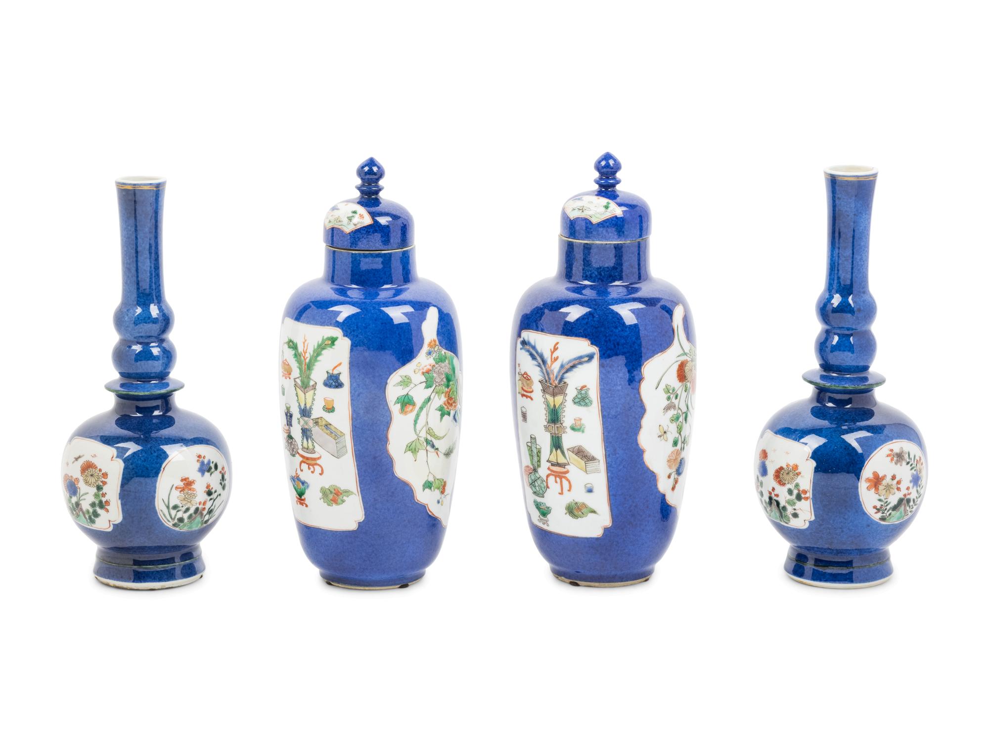 A Chinese Export Powder Blue Ground Famille Verte Porcelain Four-Piece Garniture