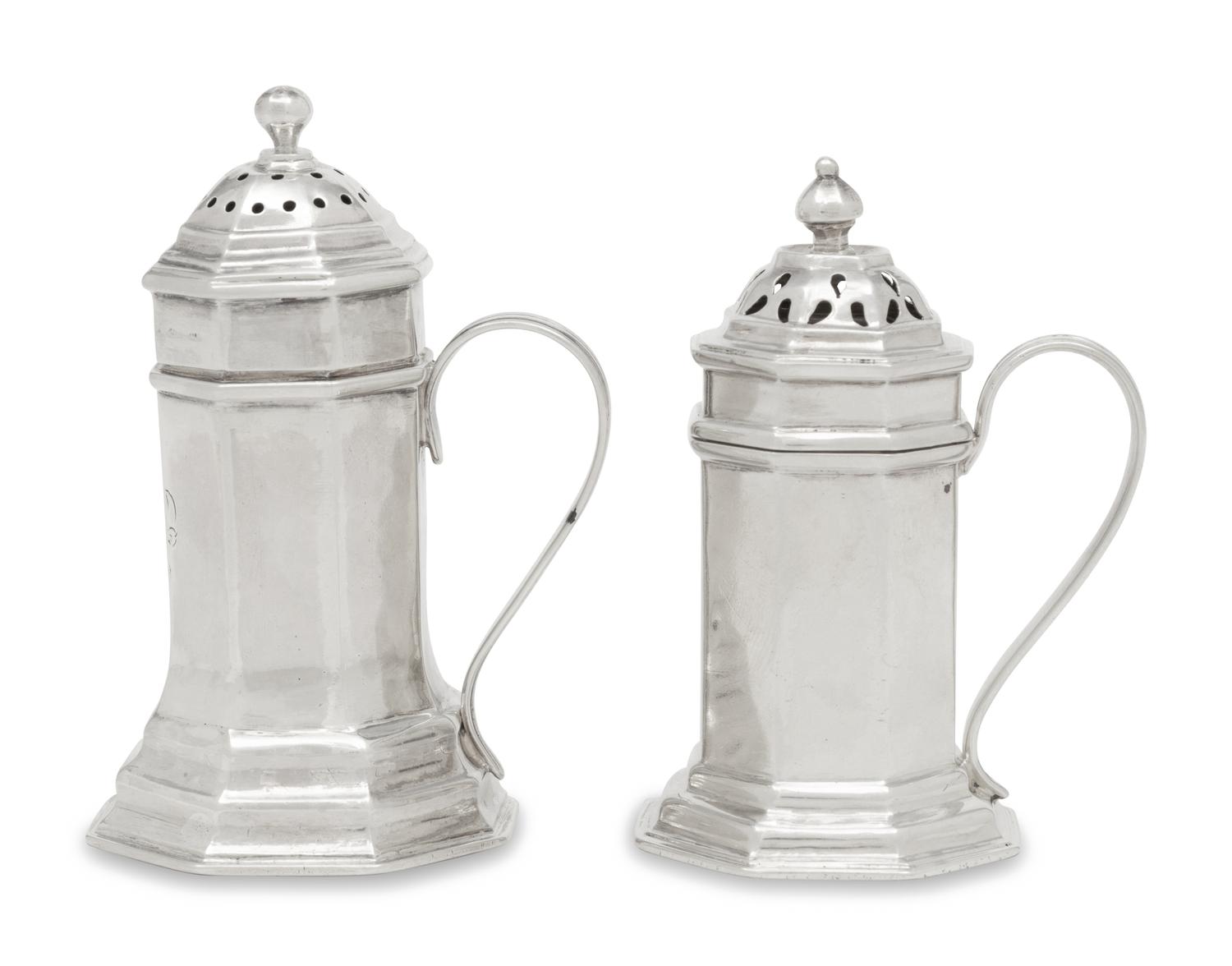 Two Queen Anne Britannia Silver Pepper Boxes