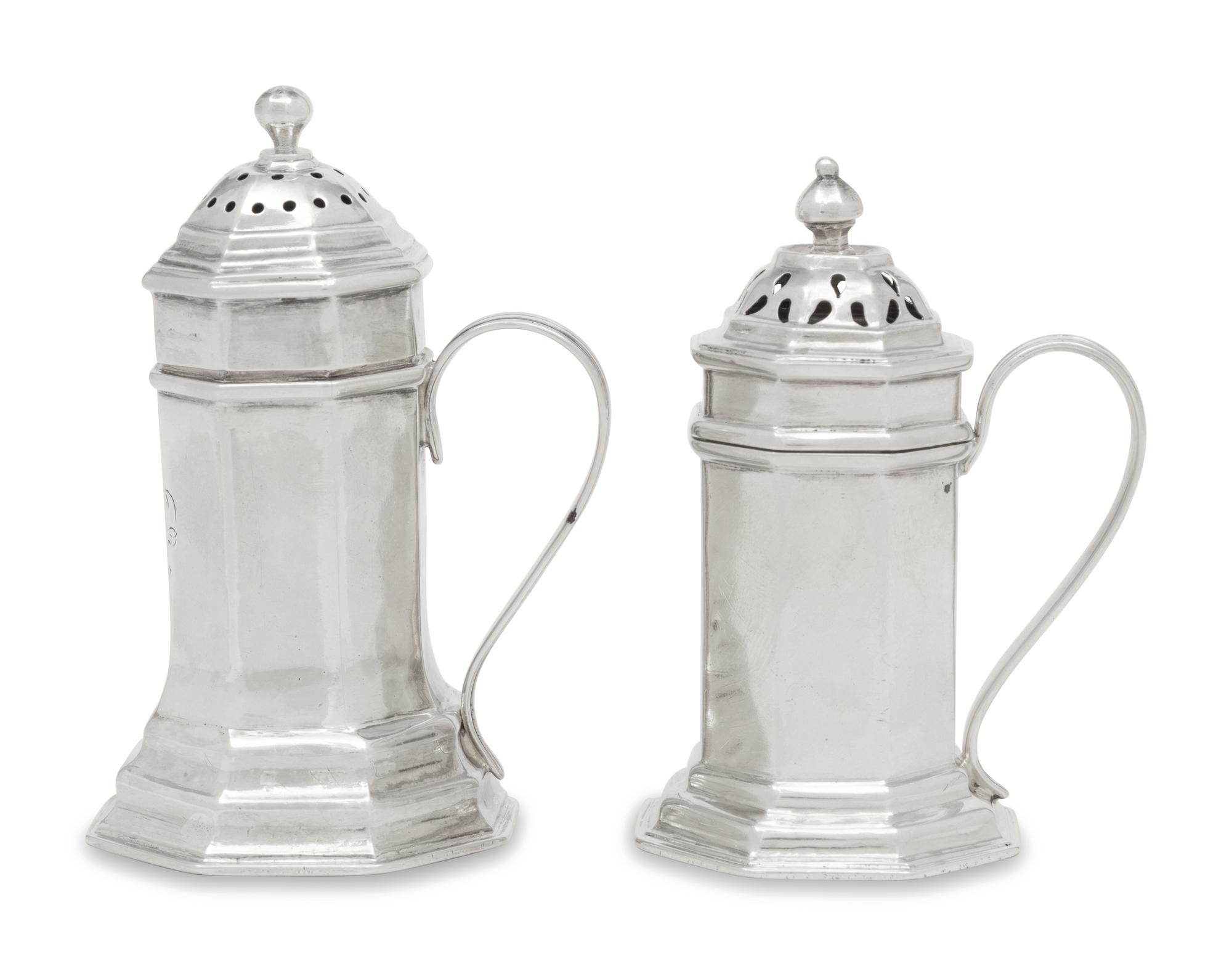 Two Queen Anne Britannia Silver Pepper Boxes