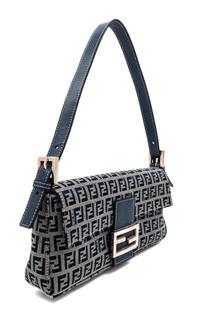 A Fendi Navy Monogram Canvas Zucca Baguette, 5" H x 10.25" W x 1.75" D; Strap drop: 6.5"- 9.5".