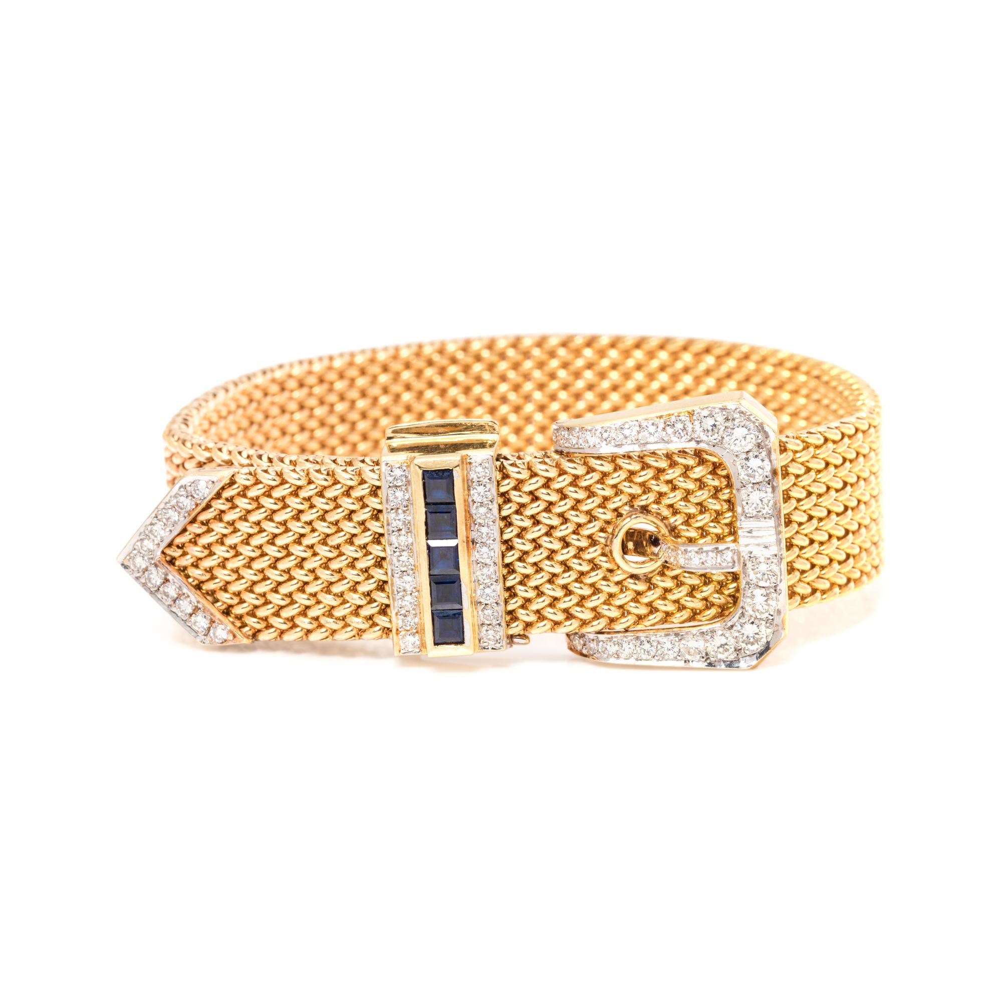 YELLOW GOLD, DIAMOND AND SAPPHIRE BUCKLE BRACELET