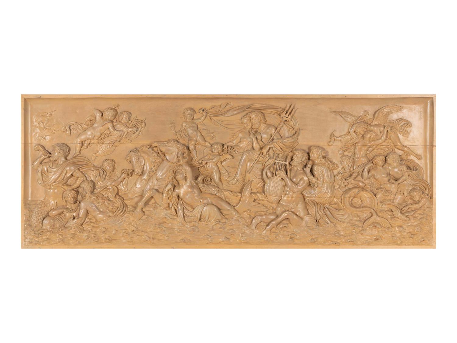 A Continental Carved Wood Bas Relief Panel with the Triumph of Neptune