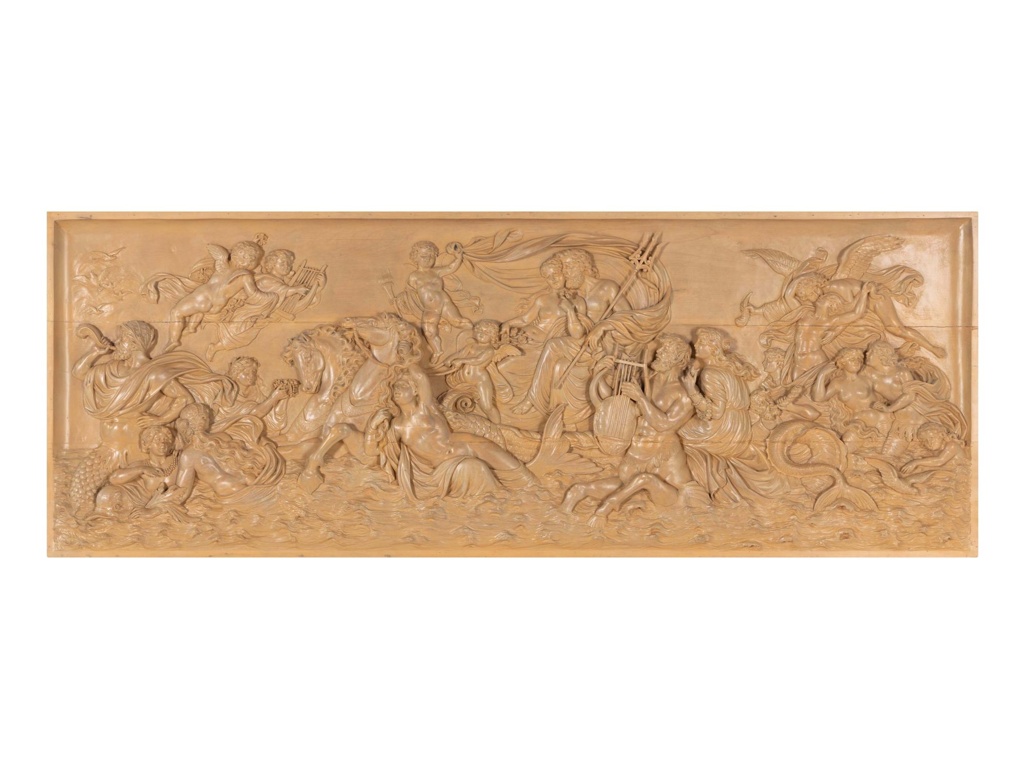 A Continental Carved Wood Bas Relief Panel with the Triumph of Neptune