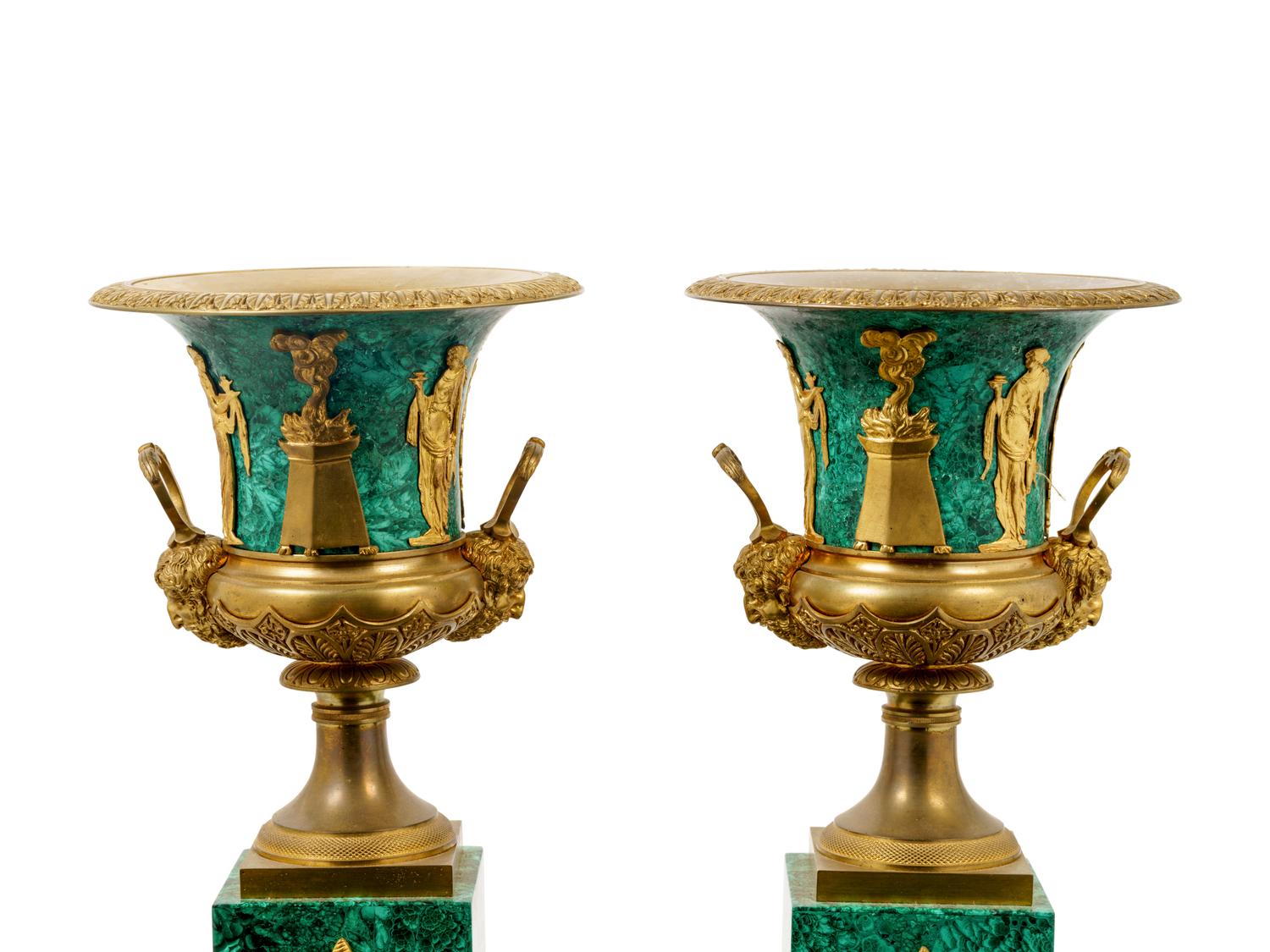 A Pair of Empire Style Gilt Bronze Mounted Malachite Veneered Urns