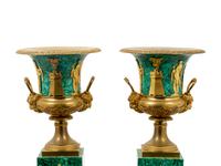 A Pair of Empire Style Gilt Bronze Mounted Malachite Veneered Urns