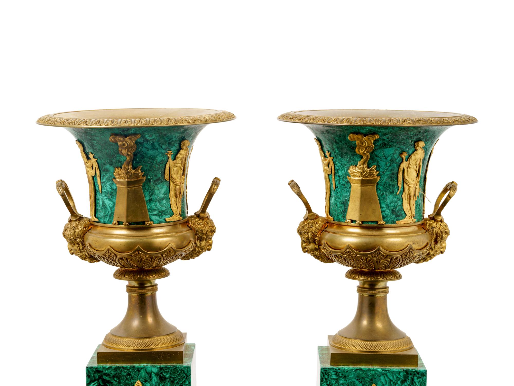 A Pair of Empire Style Gilt Bronze Mounted Malachite Veneered Urns