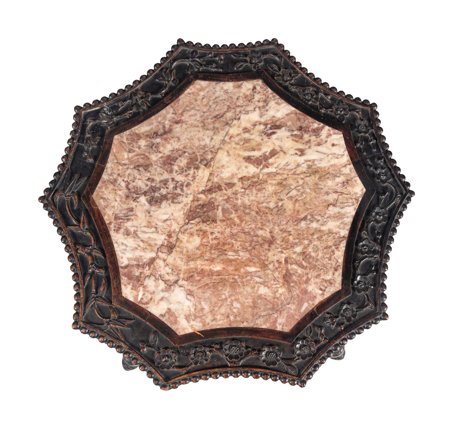 A Chinese Carved Hardwood Marble-Inset Side Table, 19th Century 清晚期 硬木嵌理石面花几