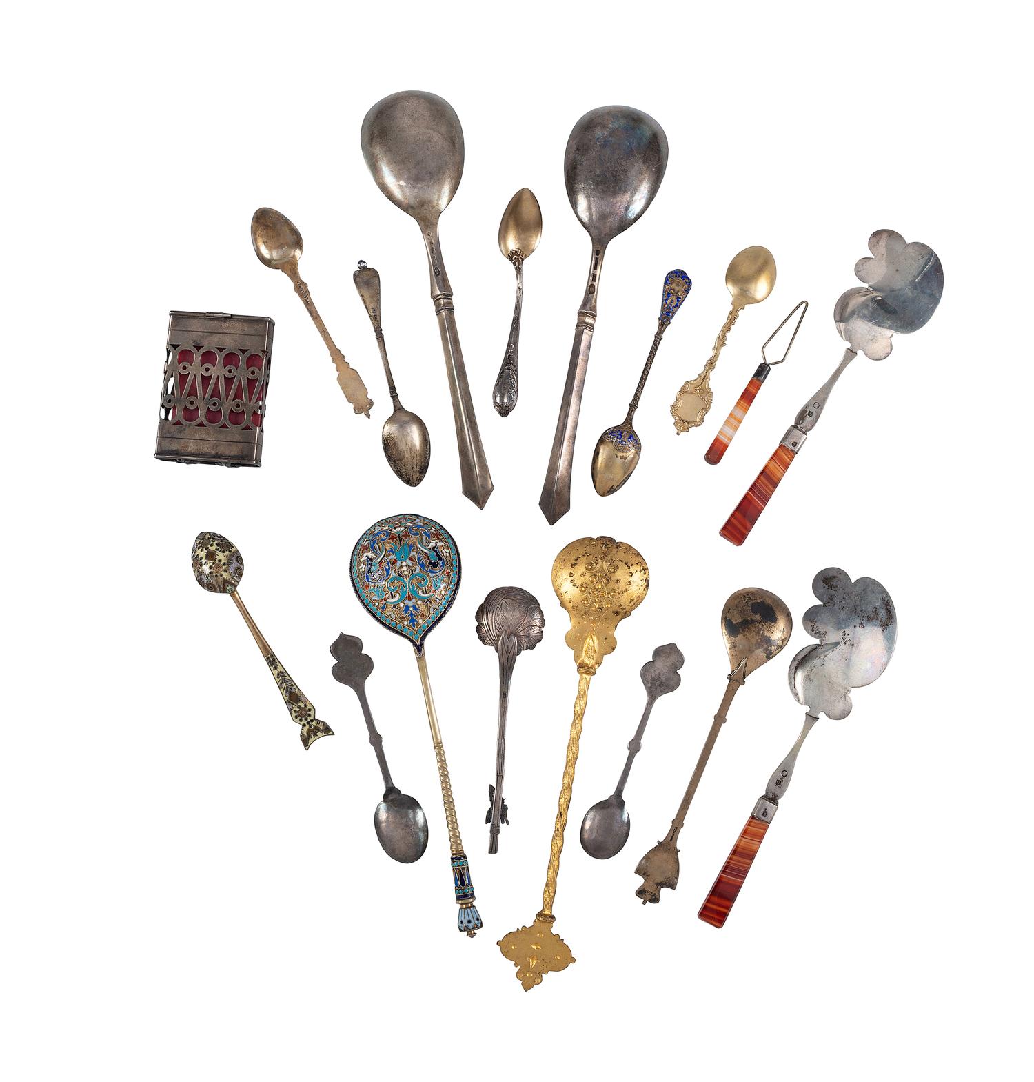 Seventeen Enameled Silver and Silver Gilt Serving Spoons and Souvenir Spoons